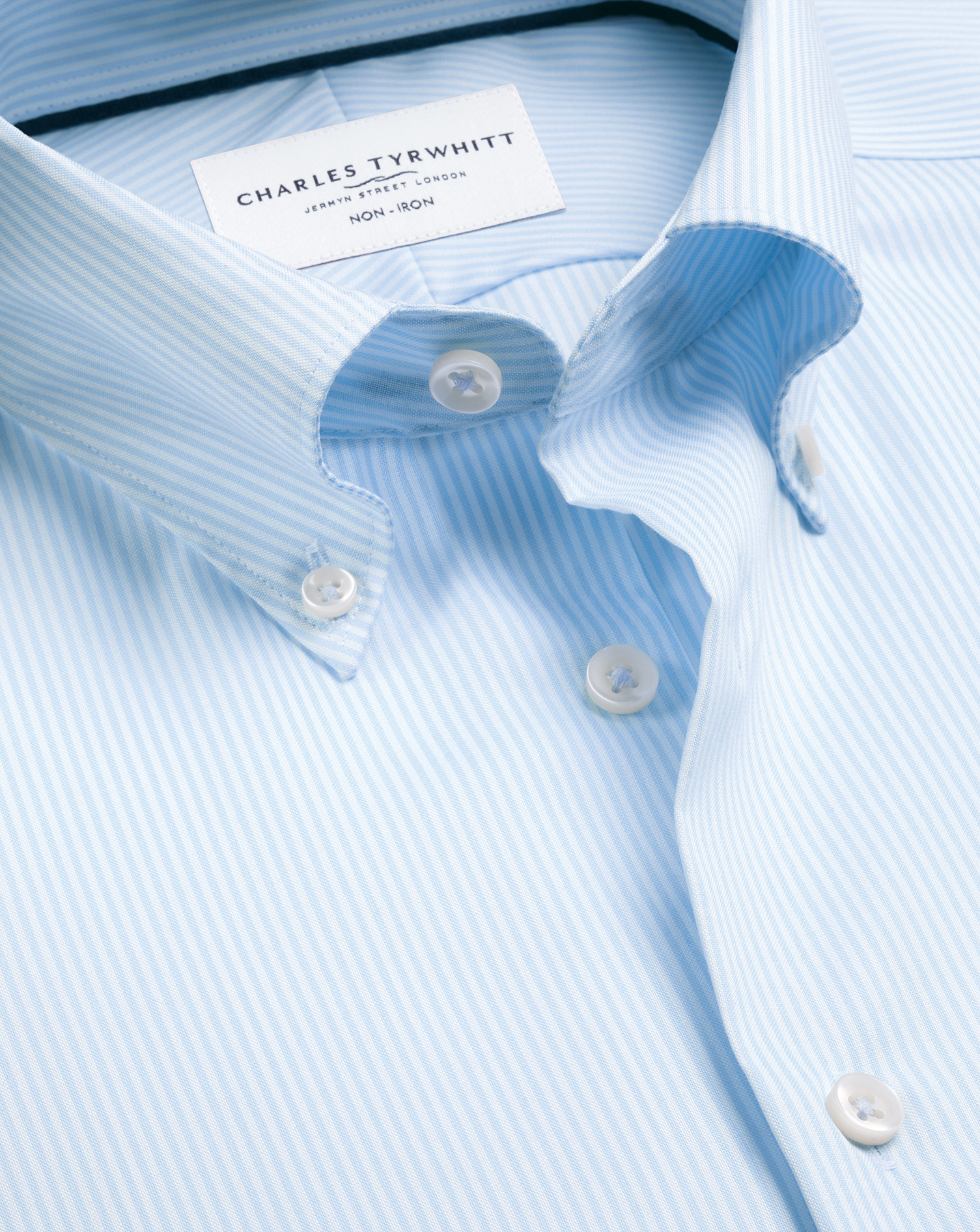 Men's Charles Tyrwhitt Non-Iron Stretch Pinpoint Oxford Stripe Shirt â Sky Blue Single Cuff Size 16/35 Cotton