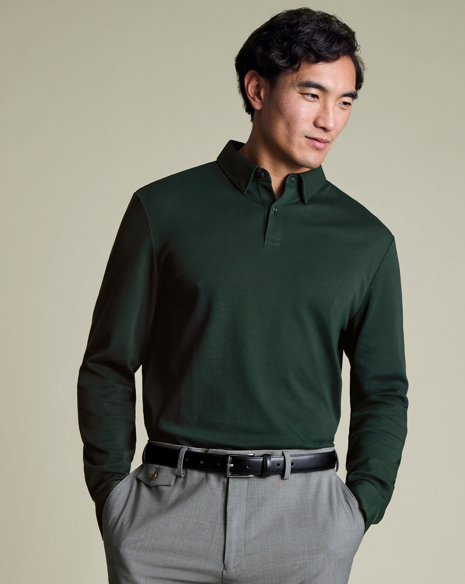 Long Sleeve Smart Jersey Polo – Forest Green | Charles Tyrwhitt