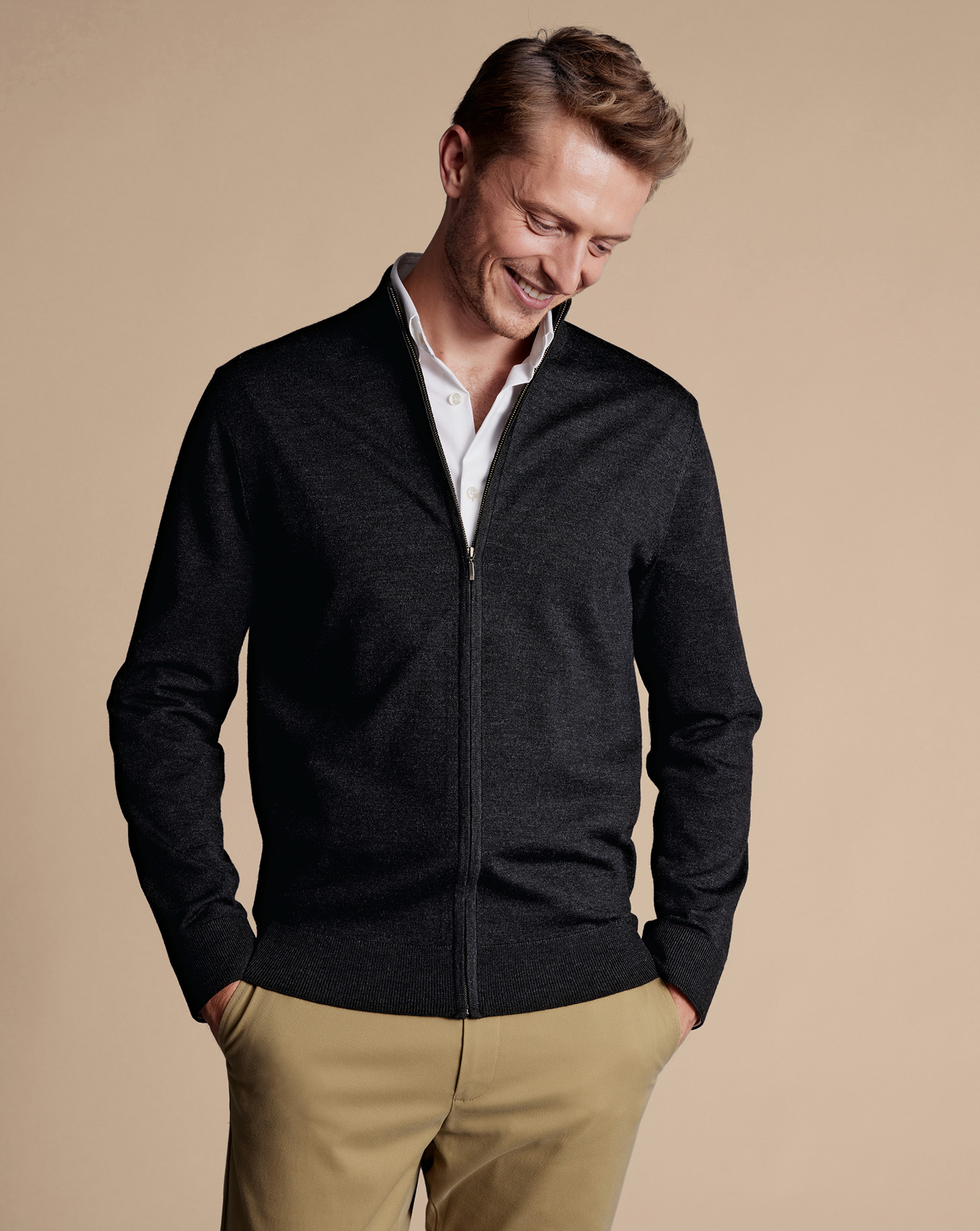 Men's Charles Tyrwhitt Pure Merino Full Zip-Through Cardigan - Charcoal Grey Size XL Wool
