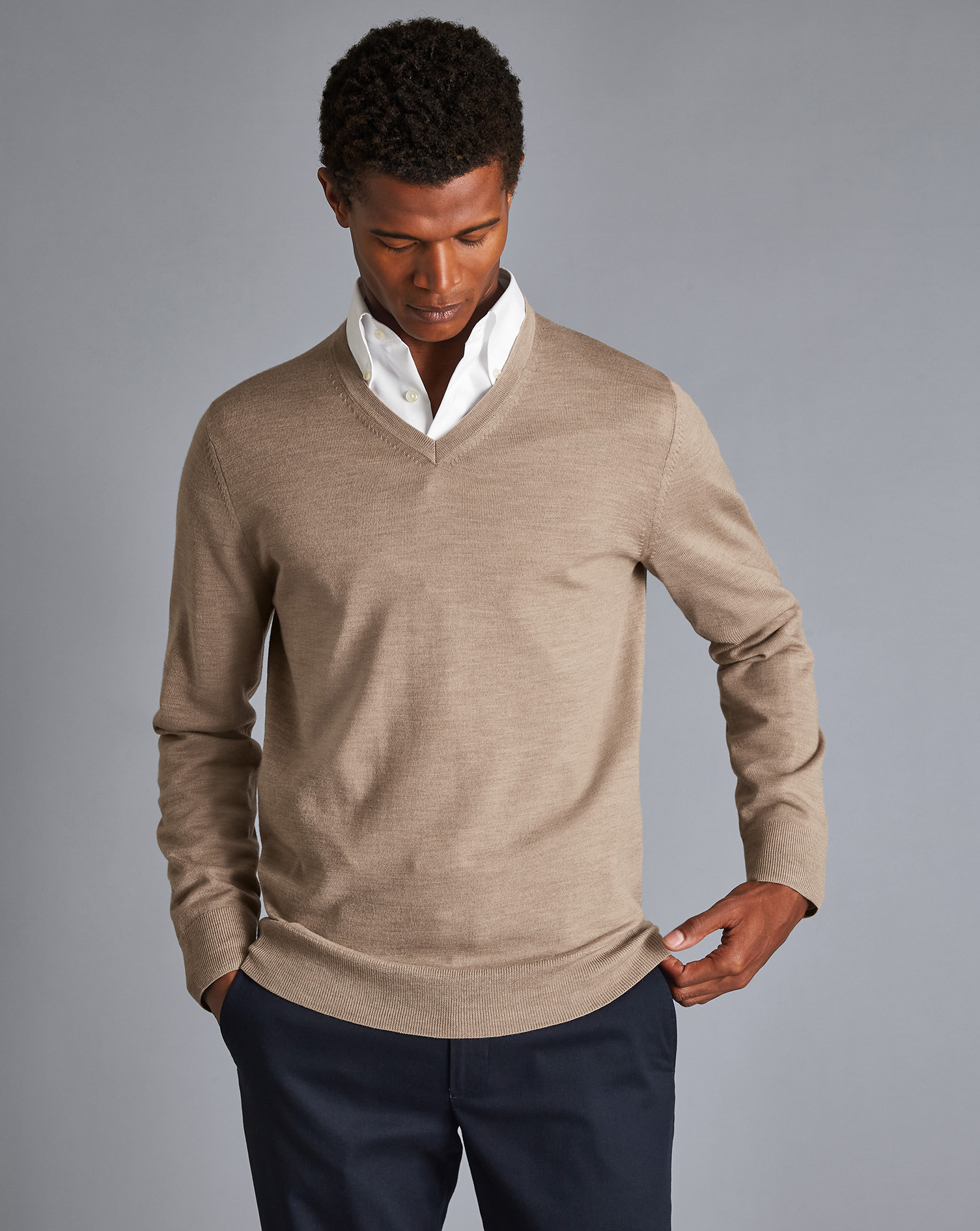 Men's Charles Tyrwhitt V-Neck Sweater - Oatmeal Brown Size Small Merino

