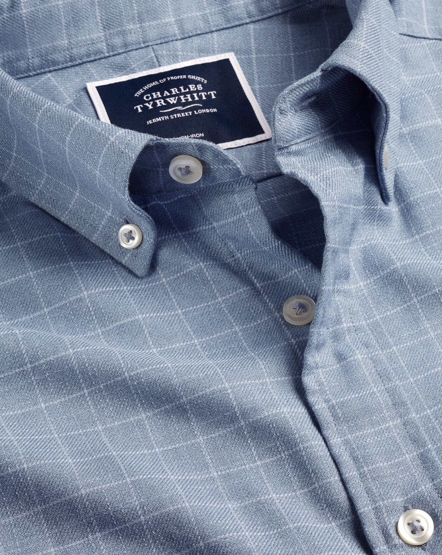 Men's Charles Tyrwhitt Button-Down Collar Non-Iron Twill Windowpane Check Casual Shirt - Steel Blue 