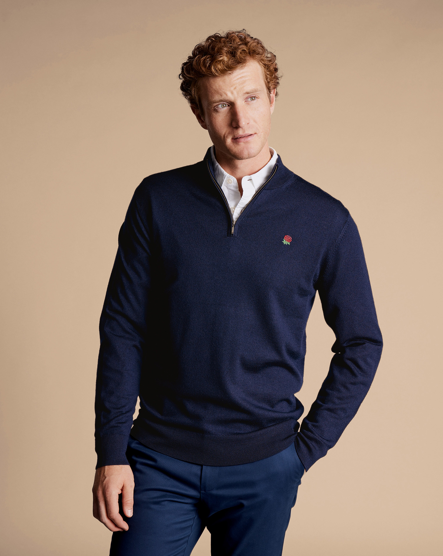 Men's Charles Tyrwhitt England Rugby Red Rose Zip Neck Sweater - Navy Blue Size Small Merino
