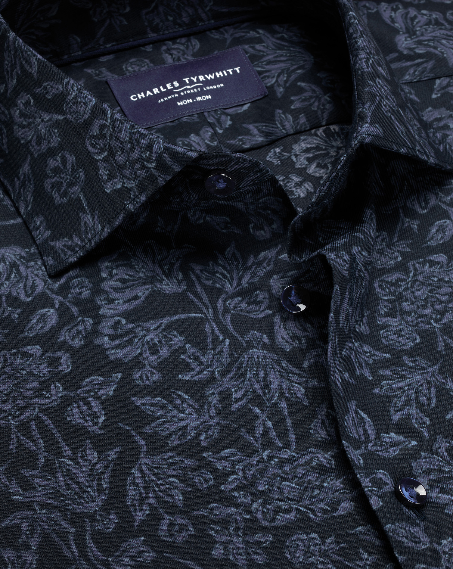 Men's Charles Tyrwhitt Non-Iron Stretch Floral Print Shirt - Navy Blue Single Cuff Size 15.5/34 Cotton