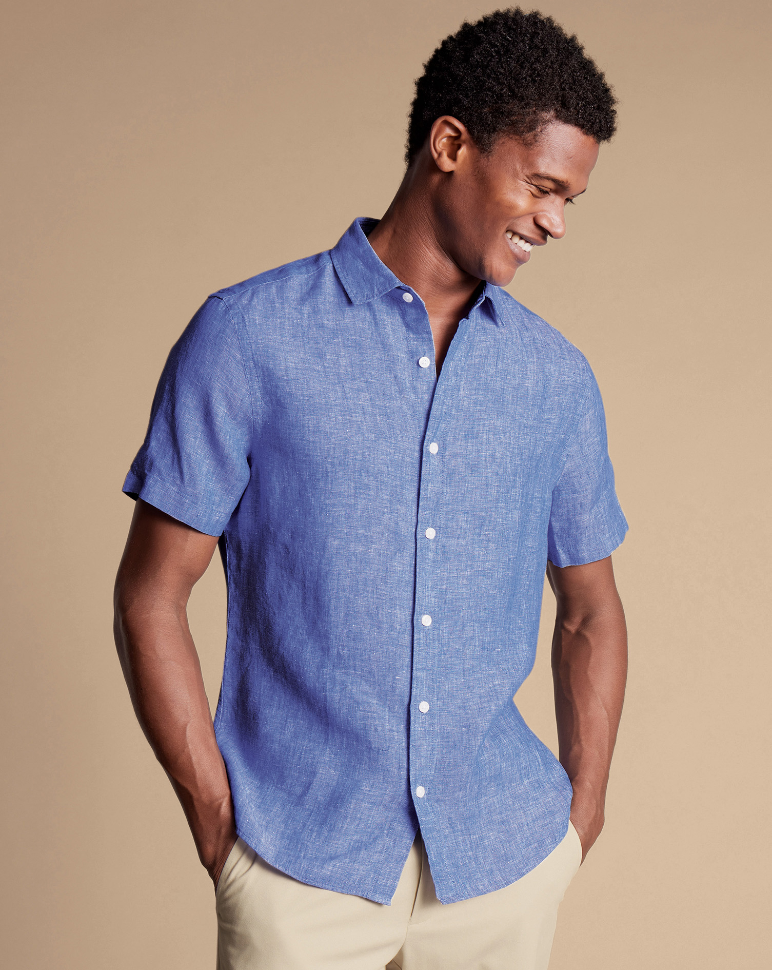 Men's Charles Tyrwhitt Pure Short Sleeve Casual Shirt - Cobalt Blue Single Cuff Size Large Linen
