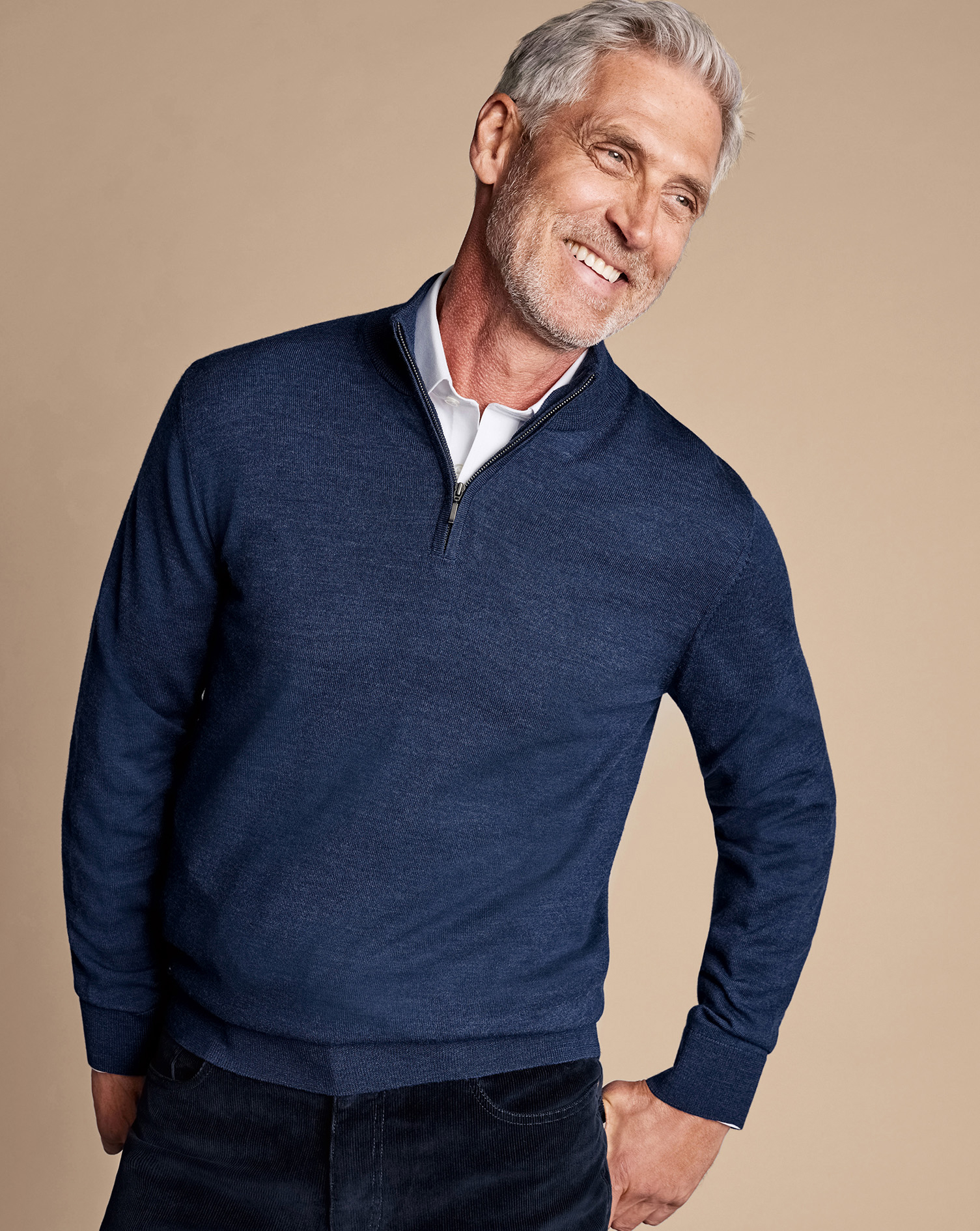 Men's Charles Tyrwhitt Pure Merino Zip Neck Sweater - Ink Blue Size Medium Wool
