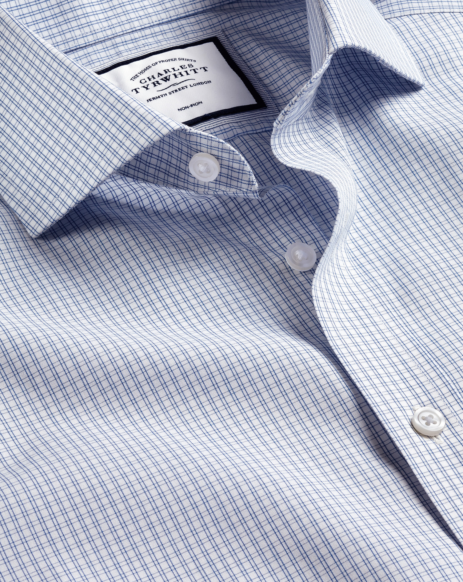 Cutaway Collar Non-Iron Double Check Cotton Dress Shirt - Cobalt Blue Single Cuff Size 15/34
