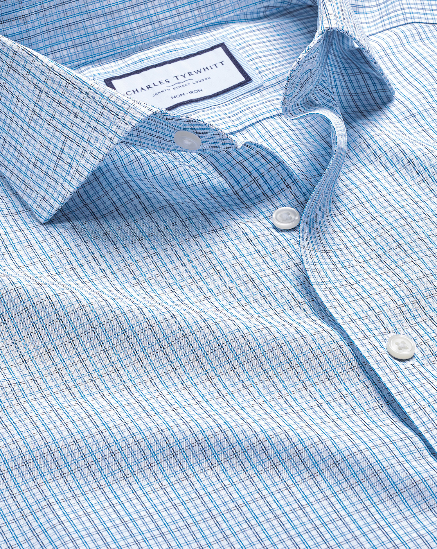 Spread Collar Non-Iron Fine Line Check Shirt - Ocean Blue