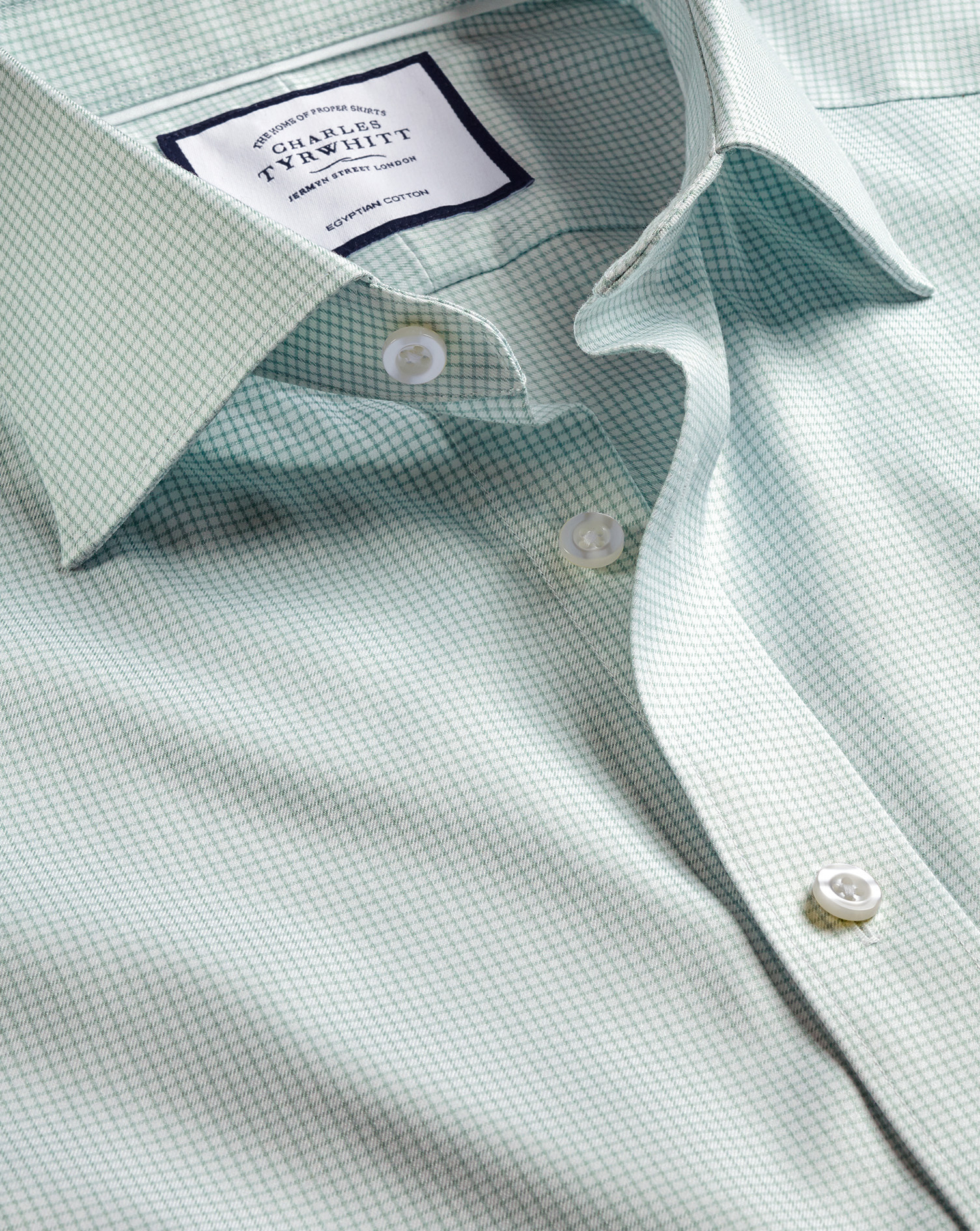 Semi-Cutaway Collar Egyptian Cotton Twill Small Grid Check Dress Shirt - Light Green Single Cuff Siz
