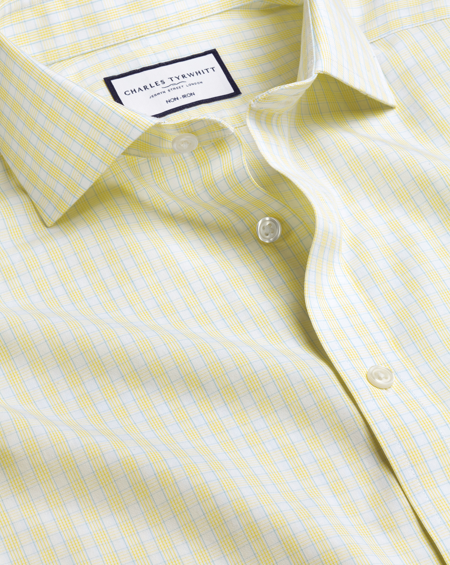 Men's Charles Tyrwhitt Cutaway Collar Non-Iron Poplin Check Dress Shirt - Lemon Single Cuff Yellow S