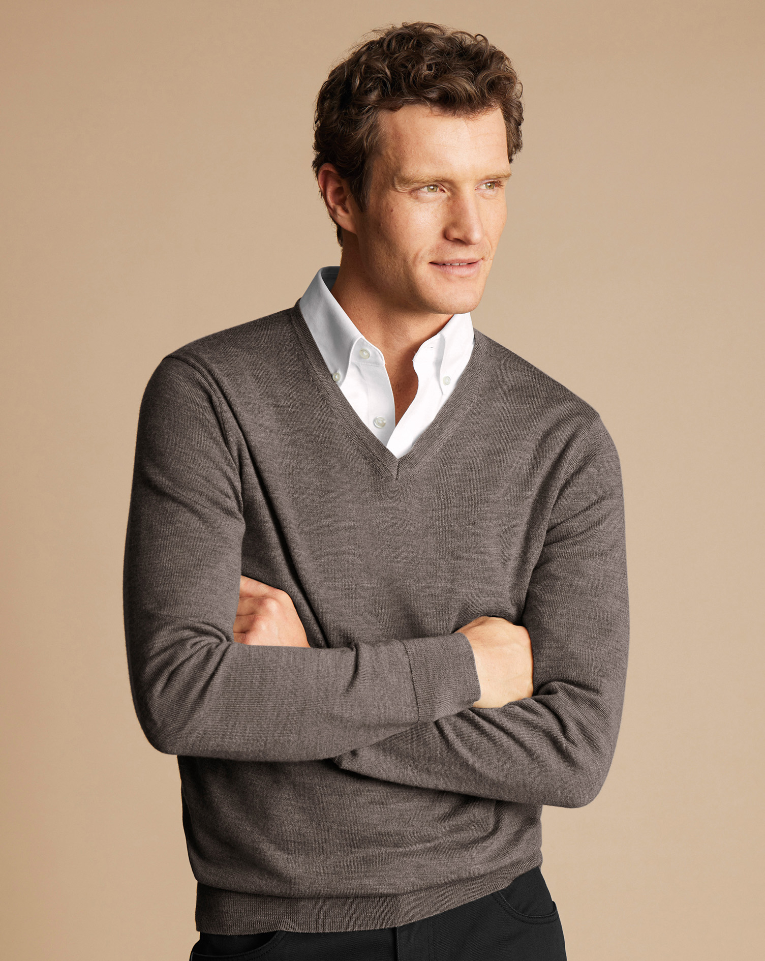 Men's Charles Tyrwhitt V-Neck Sweater - Mocha Brown Size Large Merino
