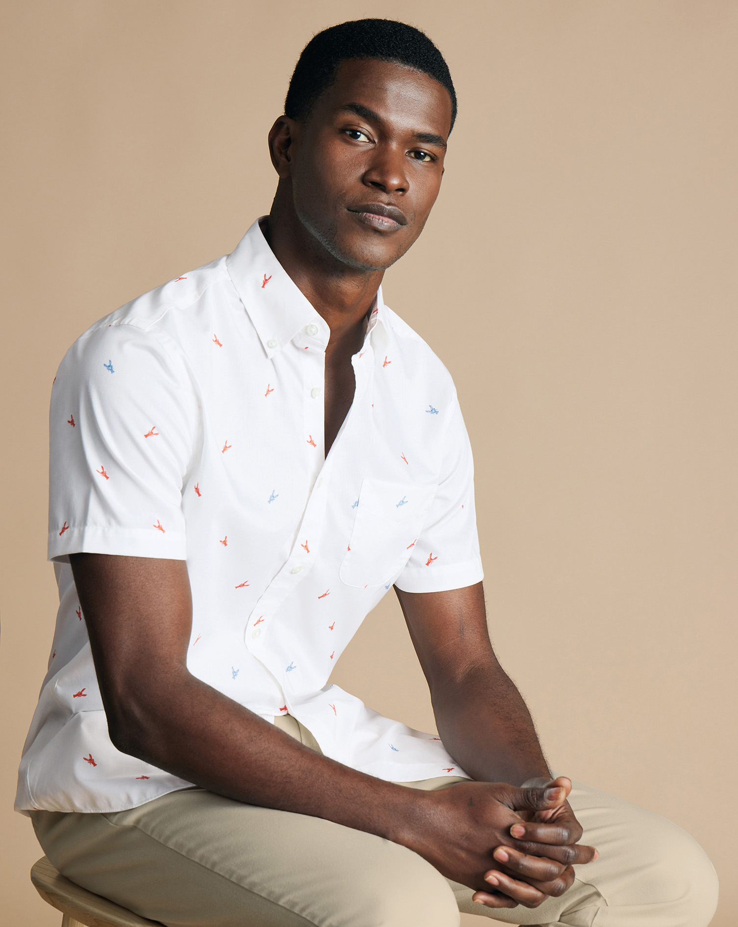 Men's Charles Tyrwhitt Button-Down Collar Non-Iron Stretch Lobster Print Short Sleeve Casual Shirt -