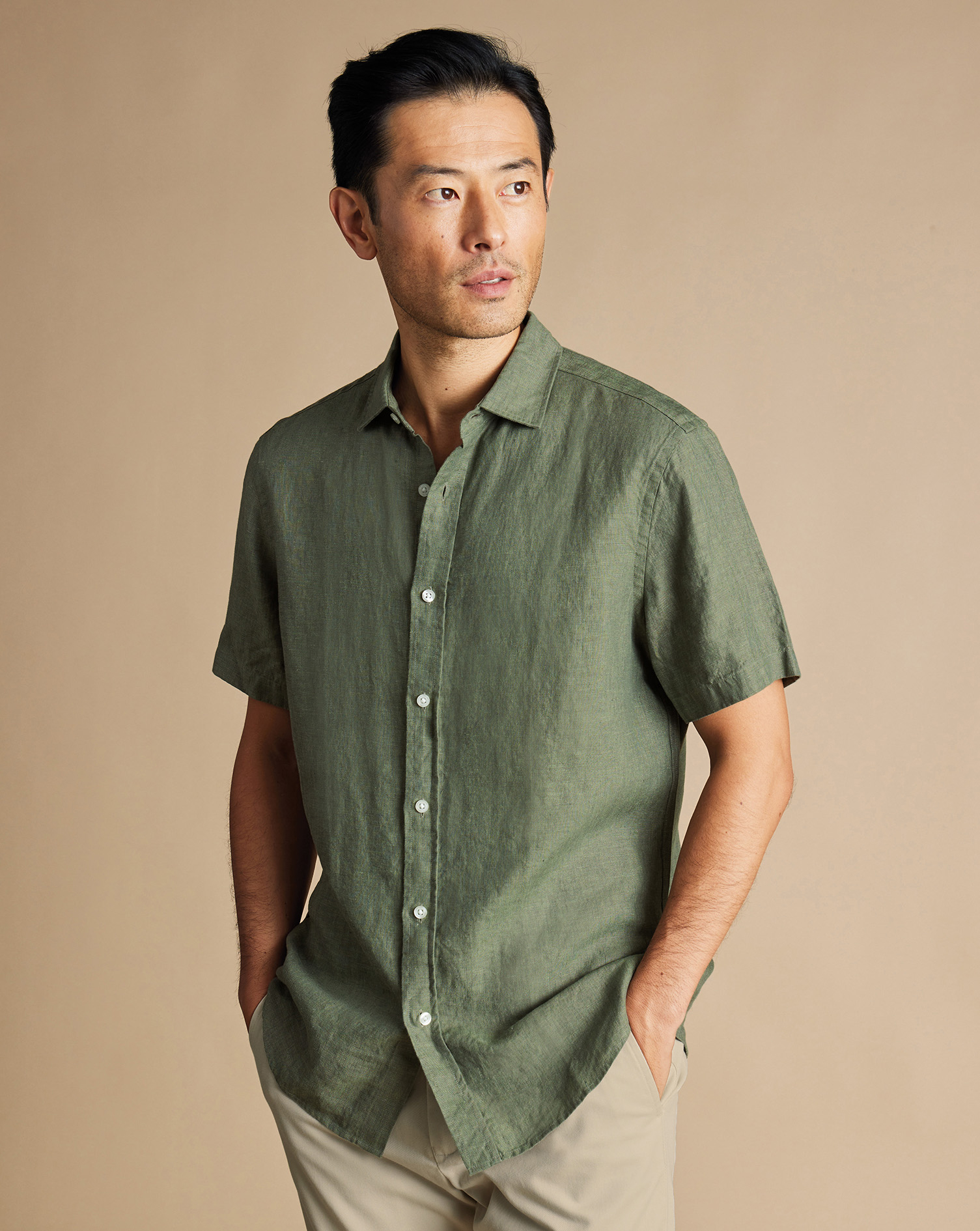 Men's Charles Tyrwhitt Pure Short Sleeve Casual Shirt - Olive Green Size Medium Linen
