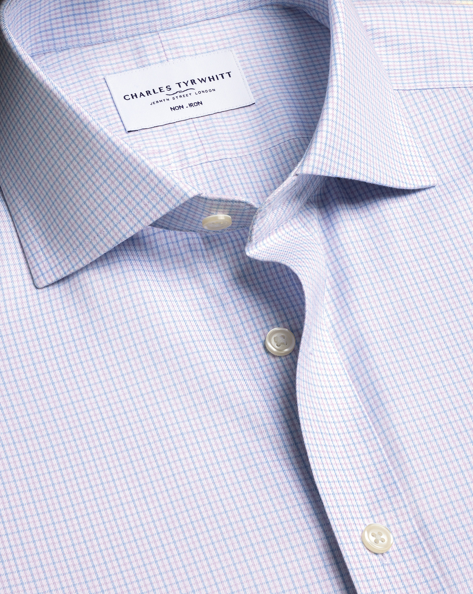 Men's Charles Tyrwhitt Non-Iron Twill Checkered Dress Shirt - Cornflower Blue and Lilac Single Cuff Size 16.5/35 Cotton