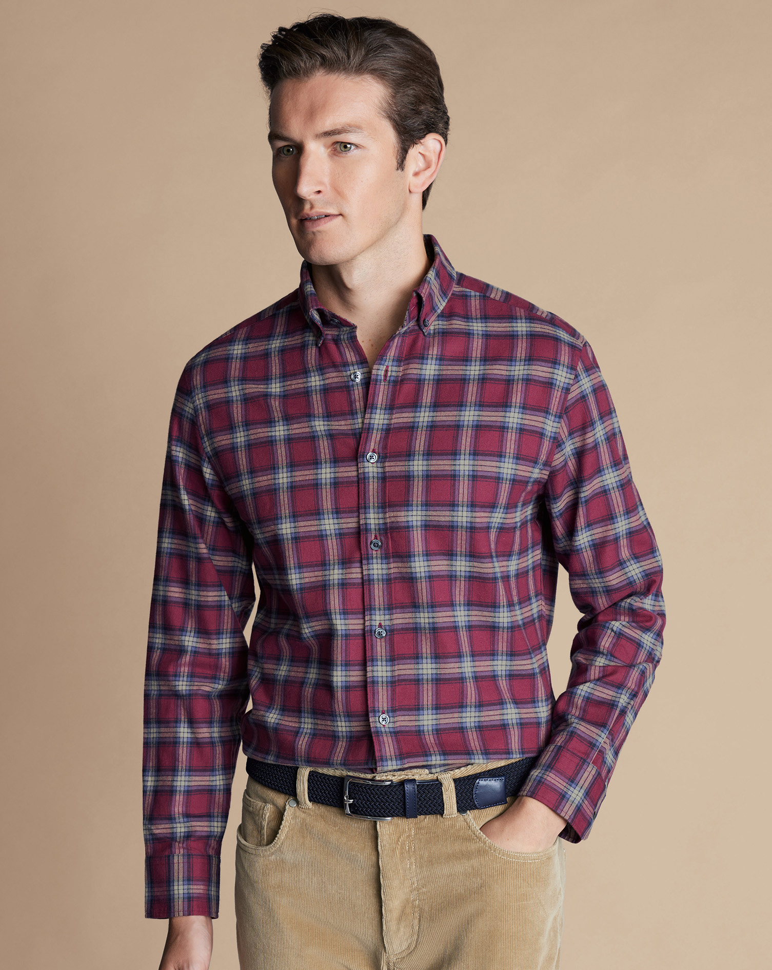 Men's Charles Tyrwhitt Brushed Flannel Check Casual Shirt - Dark Red Size XXXL Cotton
