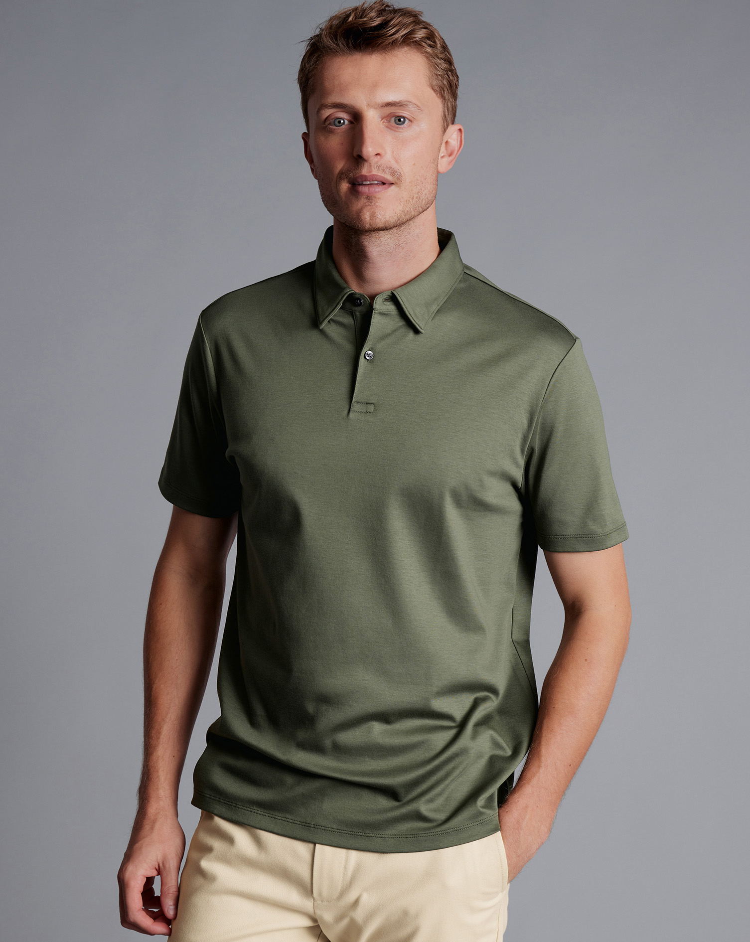 Men's Charles Tyrwhitt Smart Jersey Polo Shirt - Olive Green Size XXL Cotton
