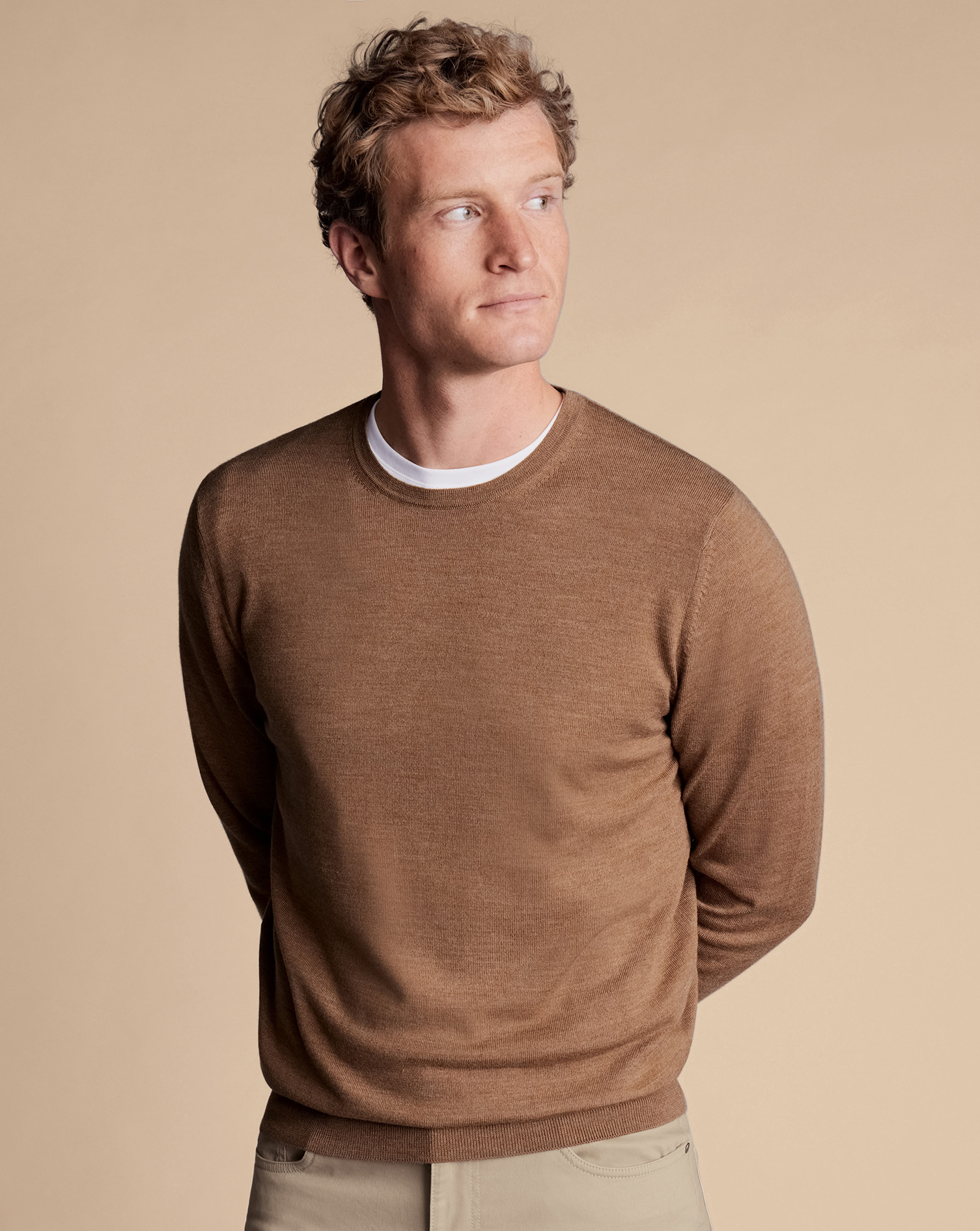 Men's Charles Tyrwhitt Merino Crew Neck Sweater - Sand Brown Neutral Size XXL Wool
