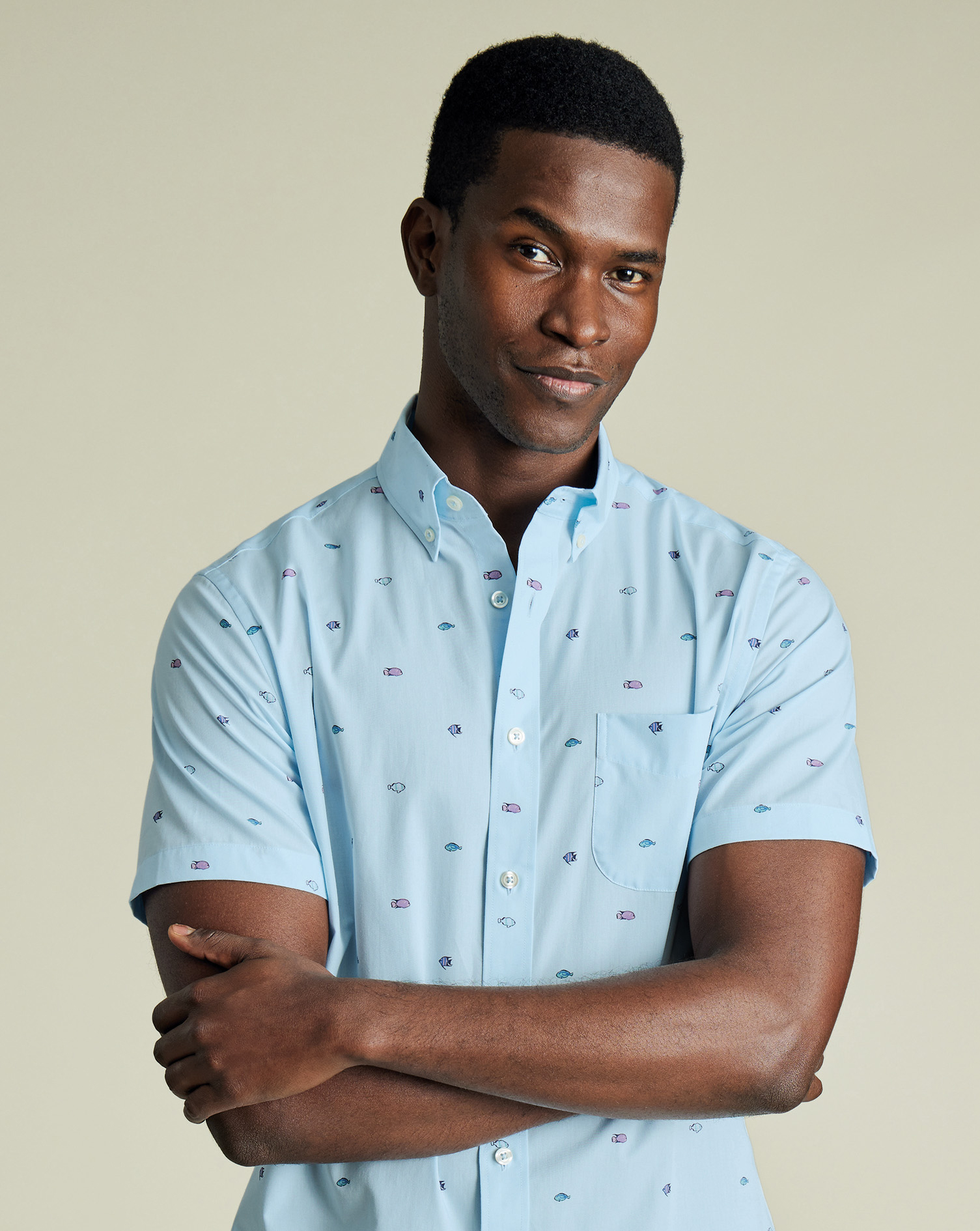 Short Sleeve Non-Iron Poplin Fish Print Shirt - Sky Blue