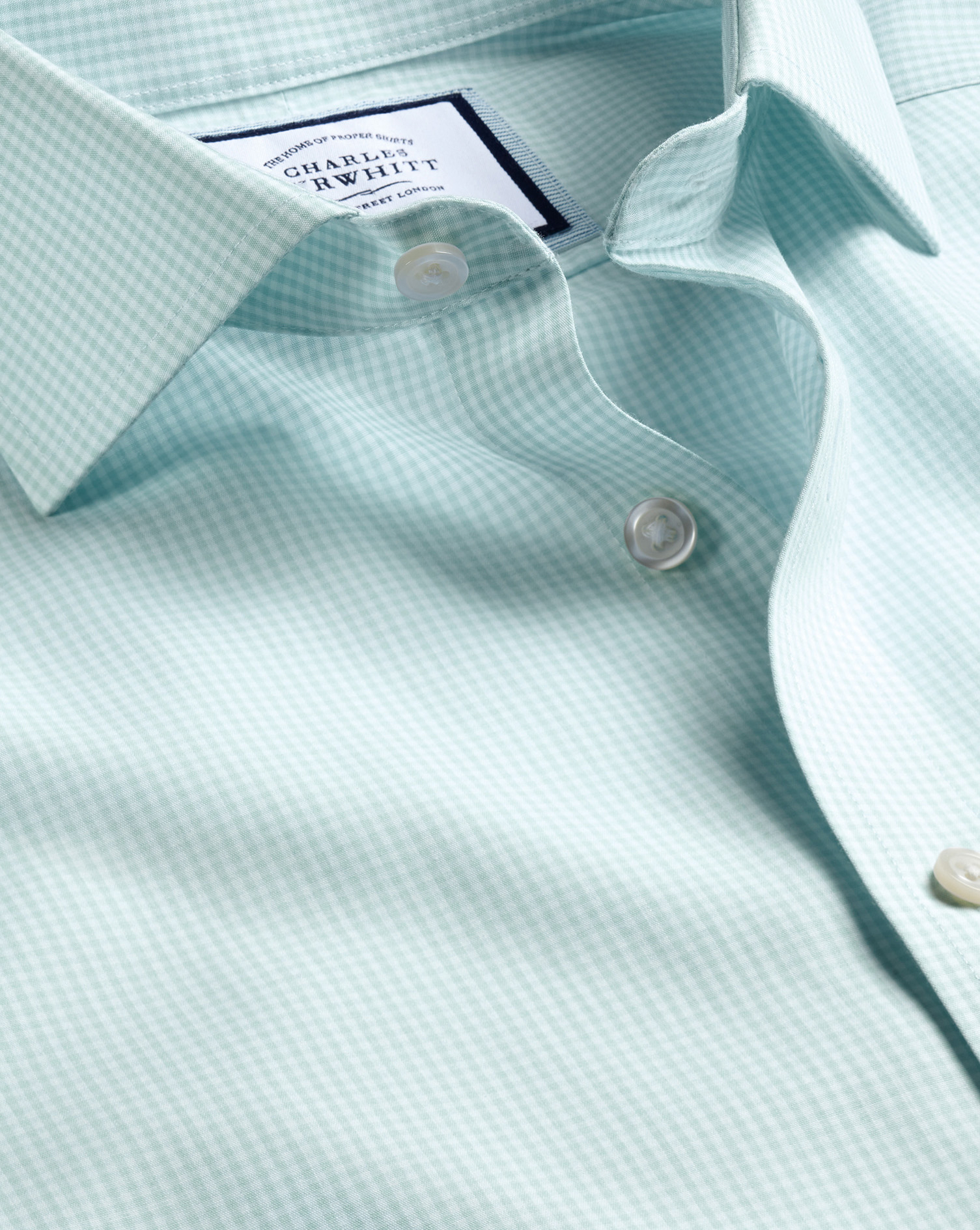 Men's Charles Tyrwhitt Cutaway Collar Non-Iron Mini Gingham Check Dress Shirt - Aqua Green Single Cu