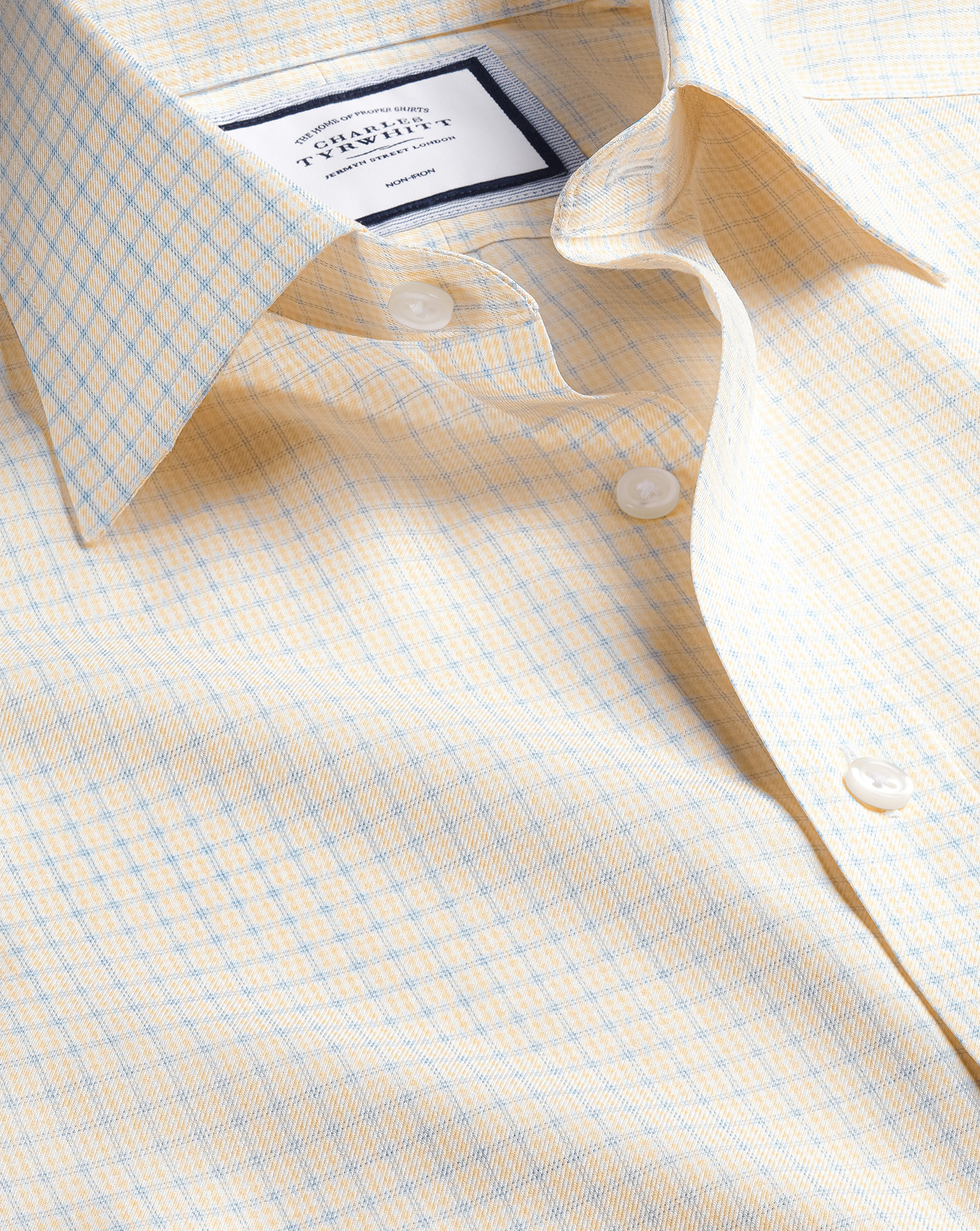 Men's Charles Tyrwhitt Non-Iron Twill Double Check Dress Shirt - Lemon Yellow Single Cuff Size Small