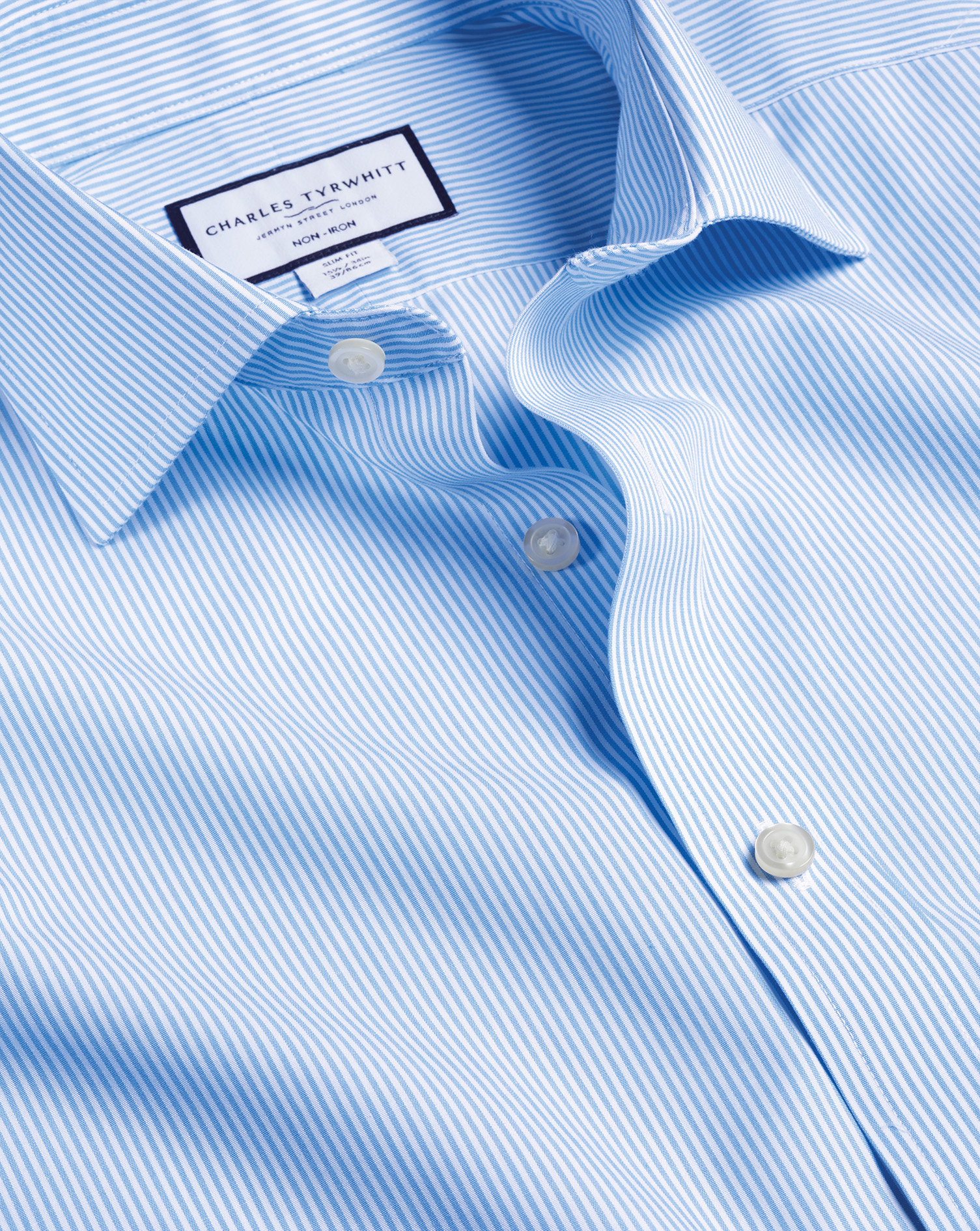 Cutaway Collar Non-Iron Bengal Stripe Cotton Dress Shirt - Cornflower Blue French Cuff Size Medium
