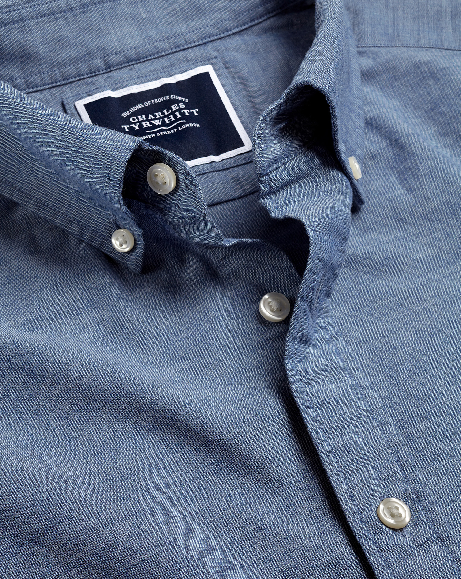 Men's Charles Tyrwhitt Button-Down Collar Chambray Casual Shirt - Indigo Blue Single Cuff Size Large