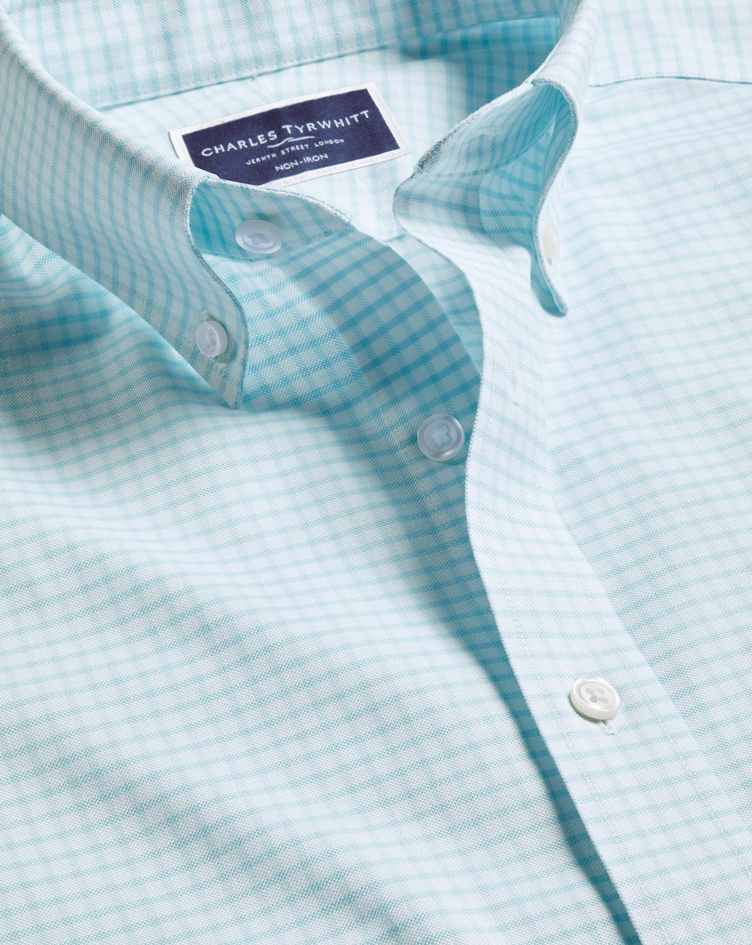 Men's Charles Tyrwhitt Button-Down Collar Non-Iron Stretch Check Oxford Casual Shirt - Aqua Green Si