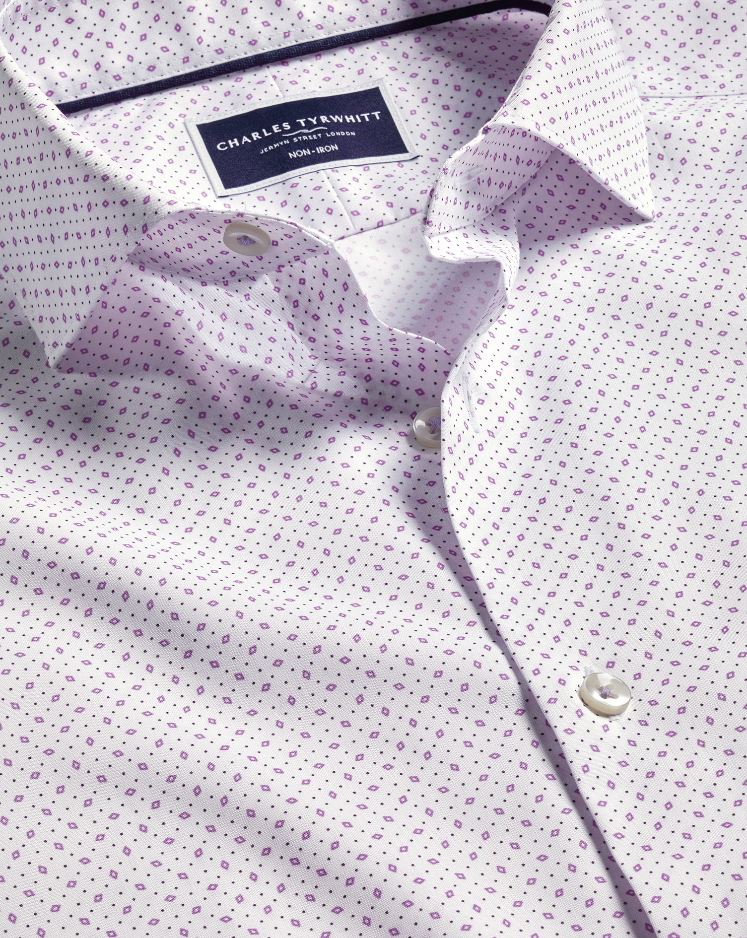 Charles Tyrwhitt Men's  Semi-cutaway Collar Non-iron Stretch Diamond Print Shirt In Purple White