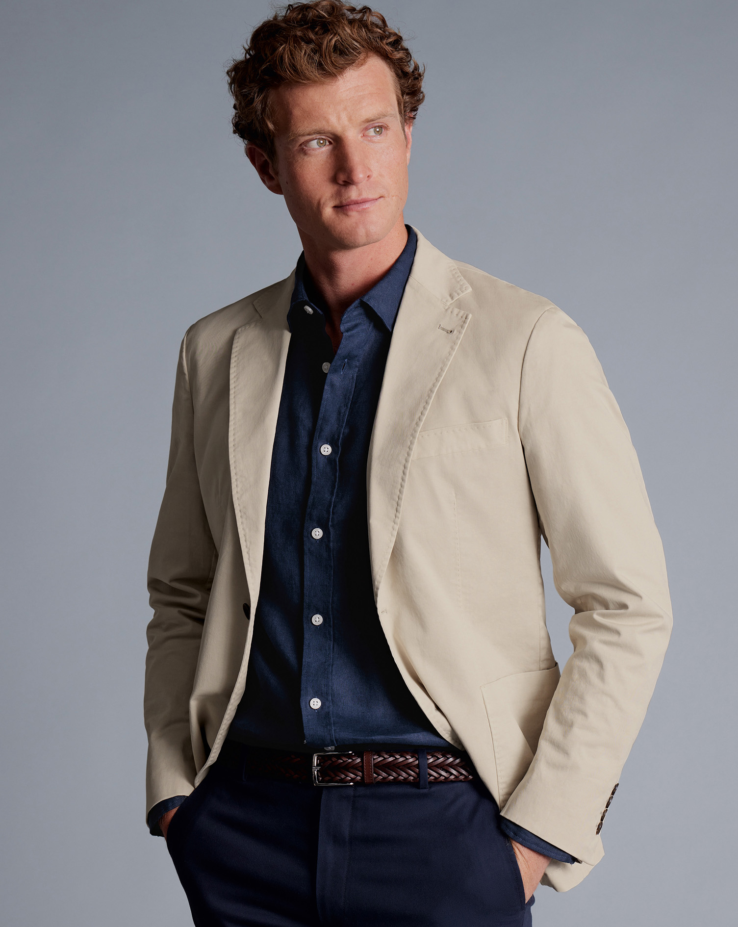 Charles Tyrwhitt Stretch Garment Dyed na Jacket - Limestone Neutral Size 38R Cotton
