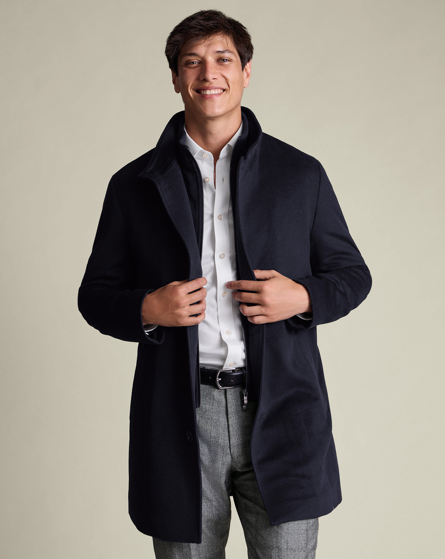 Men's Pure Wool Funnel Neck Overcoat - Navy, 48R by Charles Tyrwhitt