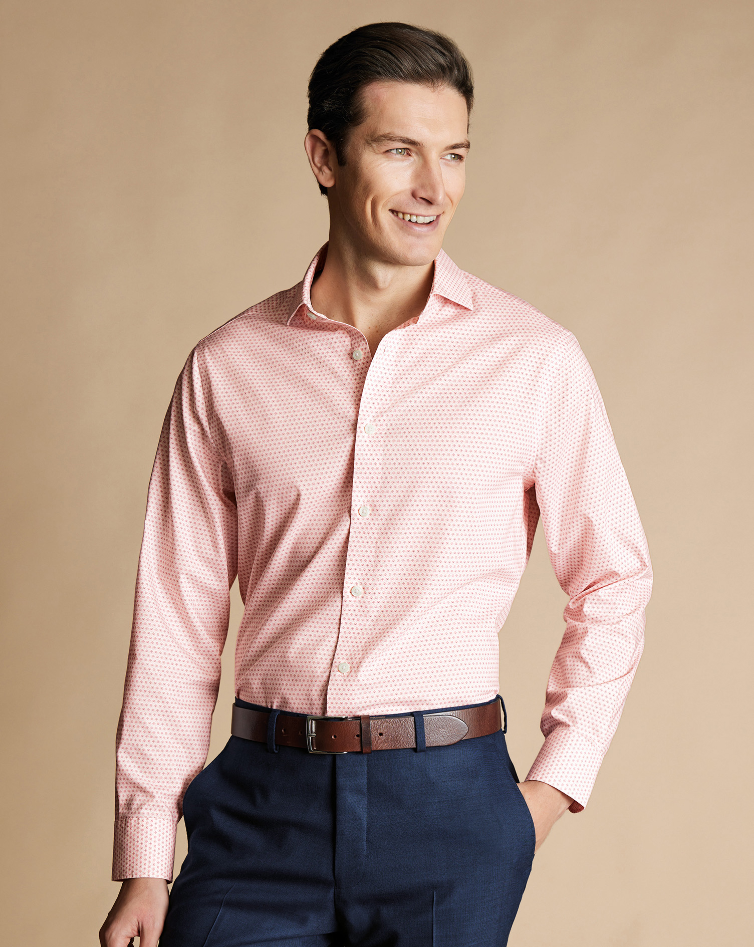 Men's Charles Tyrwhitt Semi-Cutaway Collar Non-Iron Stretch Floral Geo Print Shirt - Pink Size XXL C
