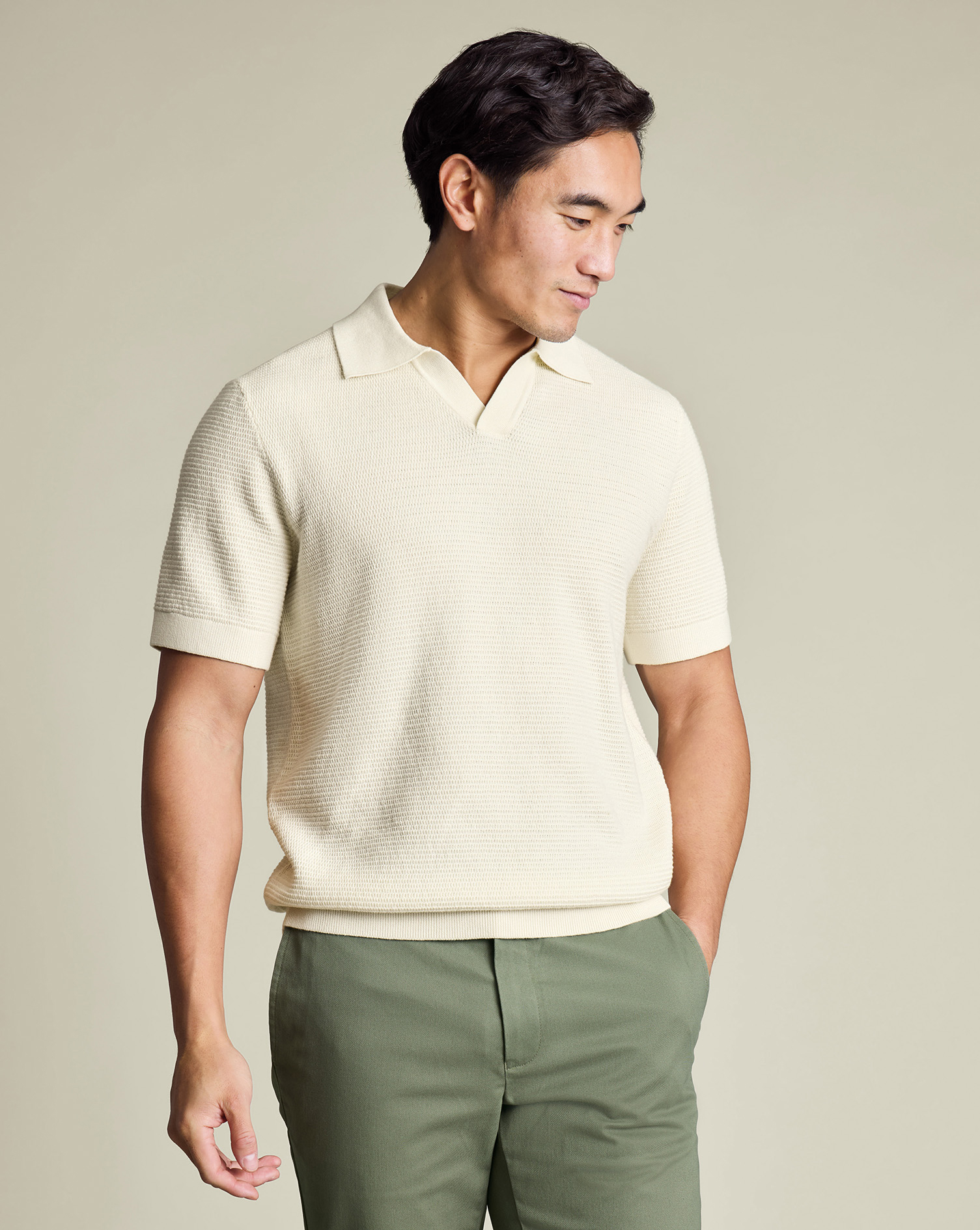 Cotton Texture Trophy Neck Knitted Polo – Cream | Charles Tyrwhitt US