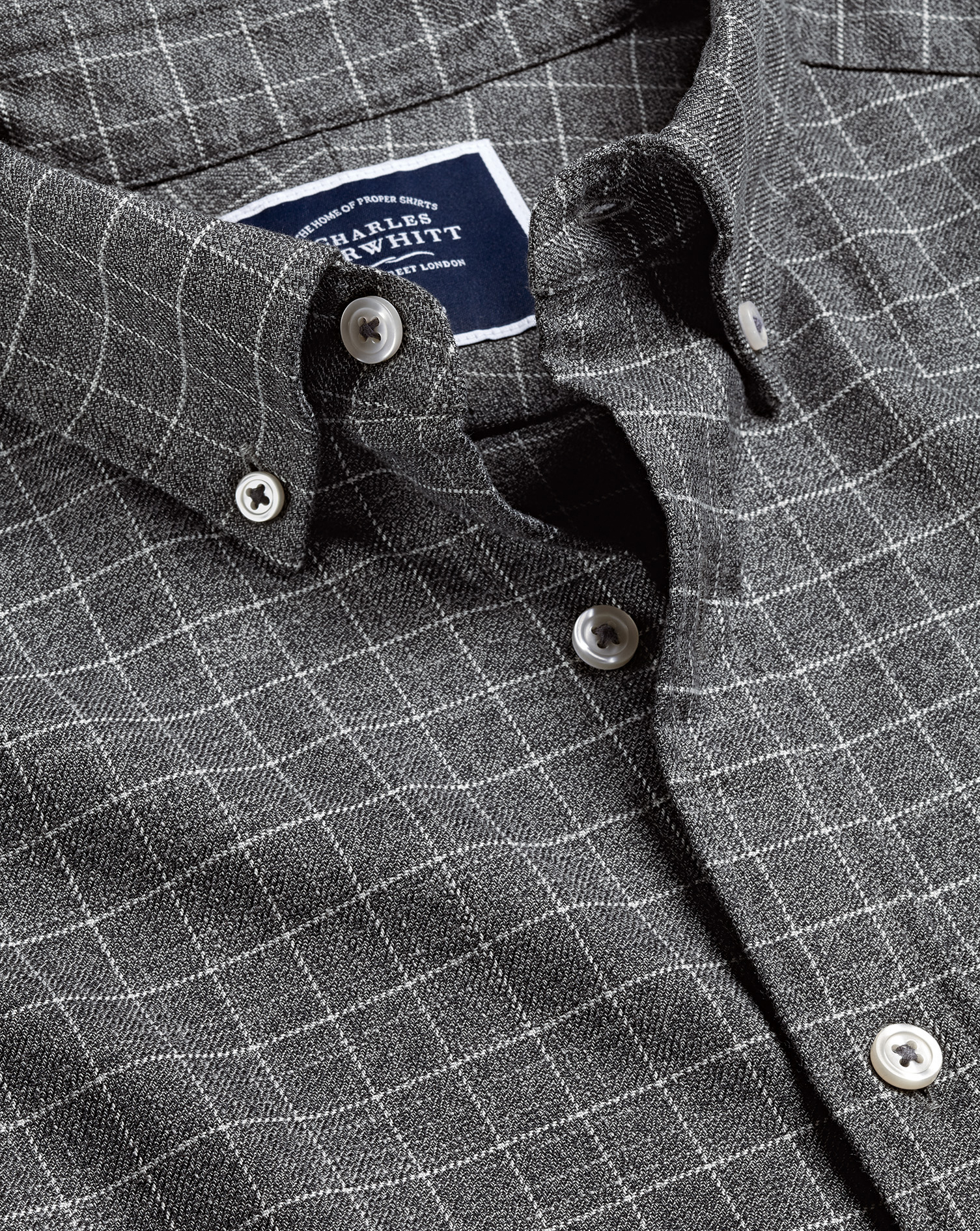 Button-Down Collar Non-Iron Twill Windowpane Check Cotton Casual Shirt - Charcoal Grey Single Cuff S