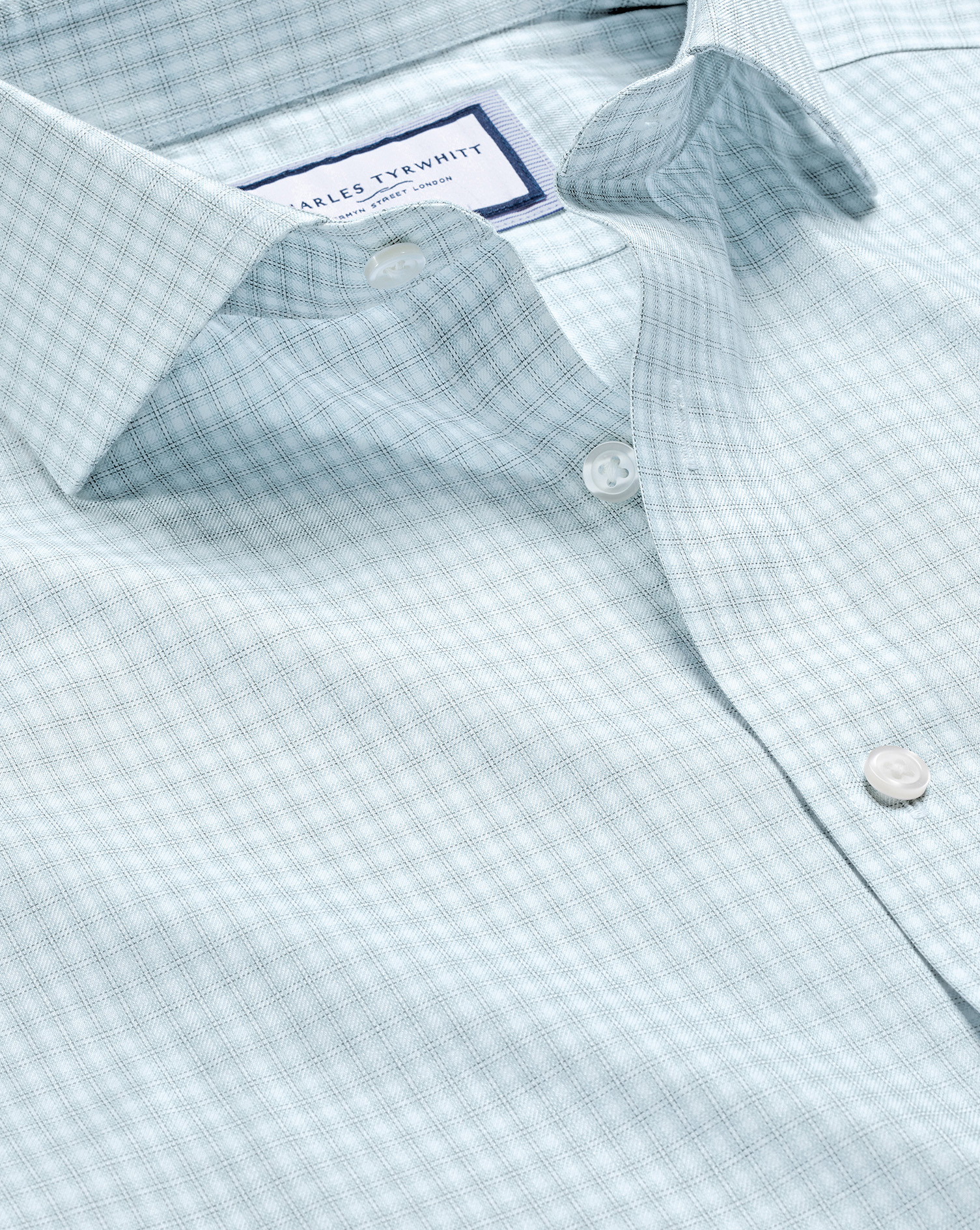 Men's Charles Tyrwhitt Cutaway Collar Non-Iron Double Check Dress Shirt - Pale Teal Green Single Cuf