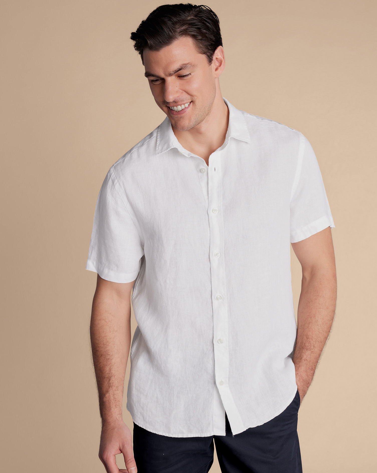 Men's Charles Tyrwhitt Pure Short Sleeve Casual Shirt - White Single Cuff Size XL Linen
