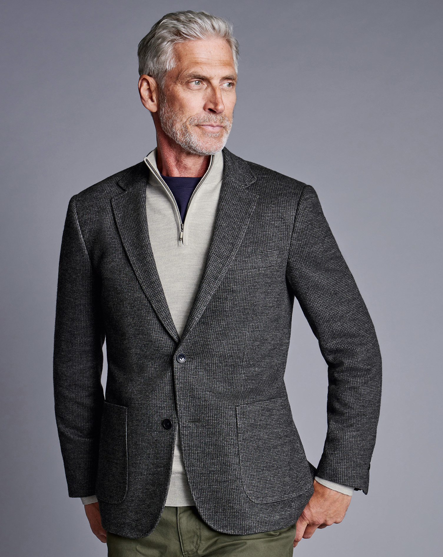 Men's Charles Tyrwhitt Micro Puppytooth Italian Jersey na Jacket - Grey Size 40R Wool

