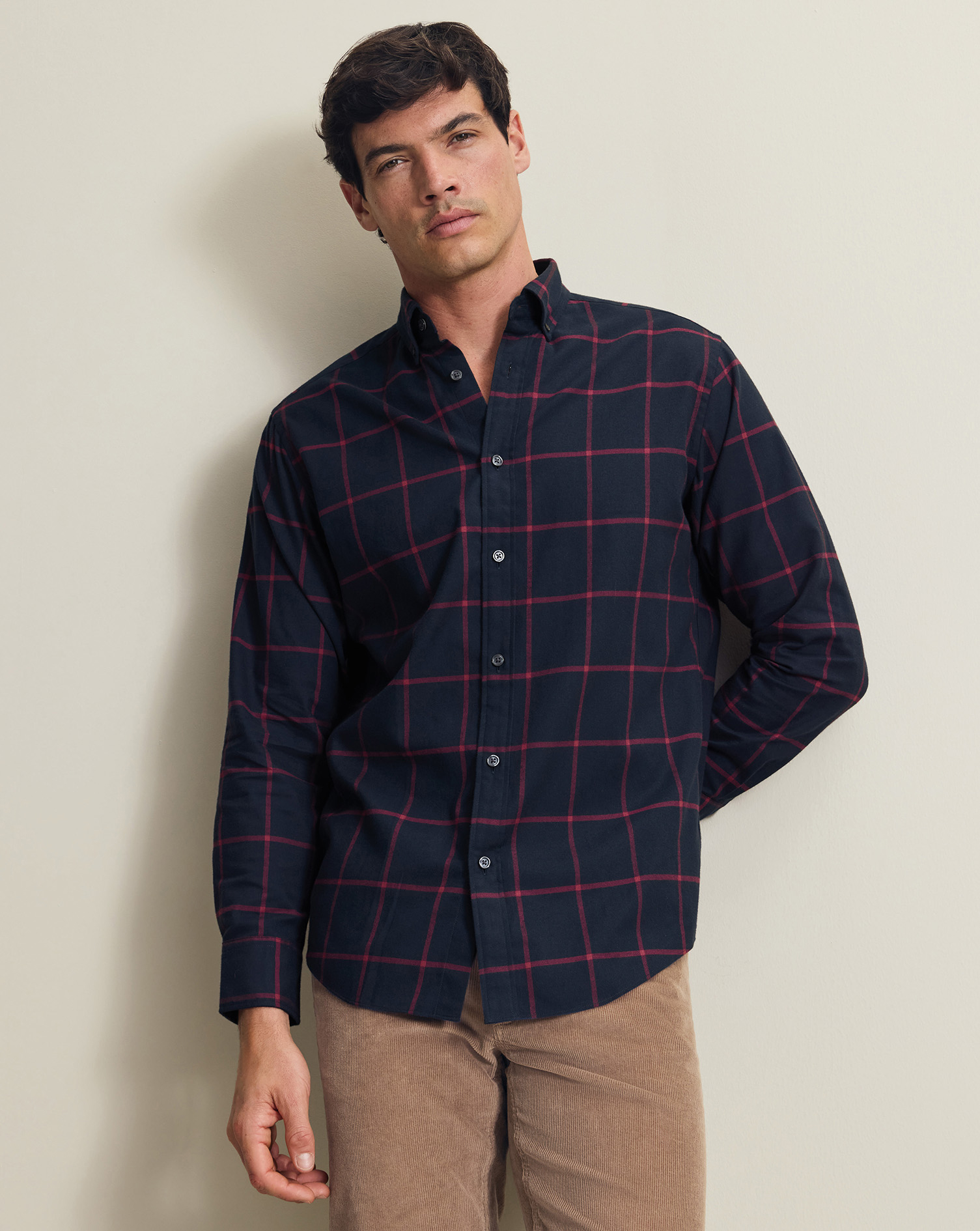 Men's Charles Tyrwhitt Brushed Flannel Windowpane Check Shirt - Red Size Medium Cotton
