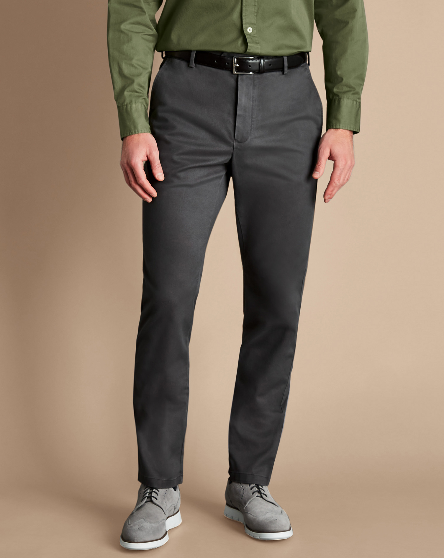Men's Charles Tyrwhitt Ultimate Non-Iron Chino Pants - Dark Grey Size W40 L30 Cotton
