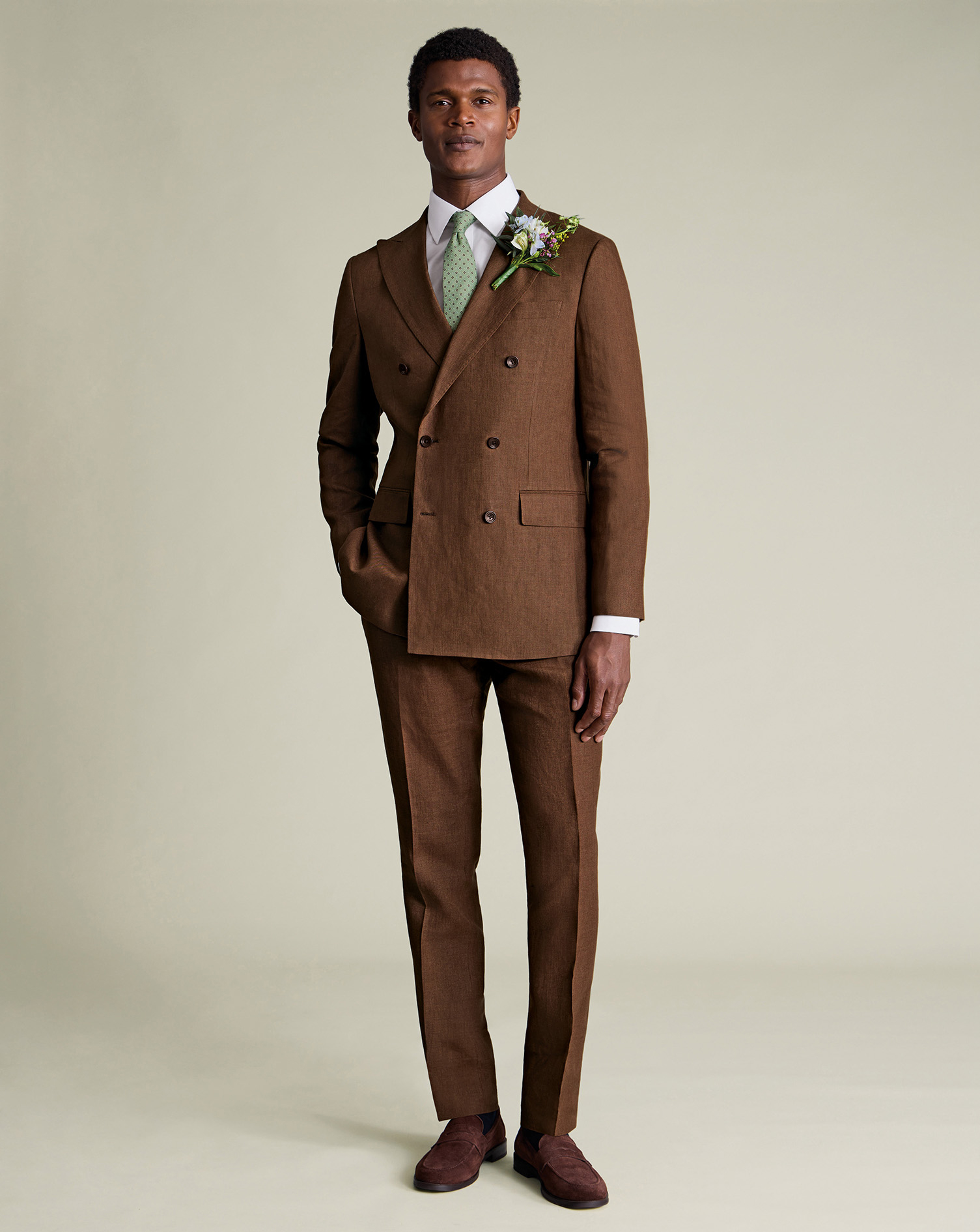 Double Breasted Pure Linen Suit - Rust