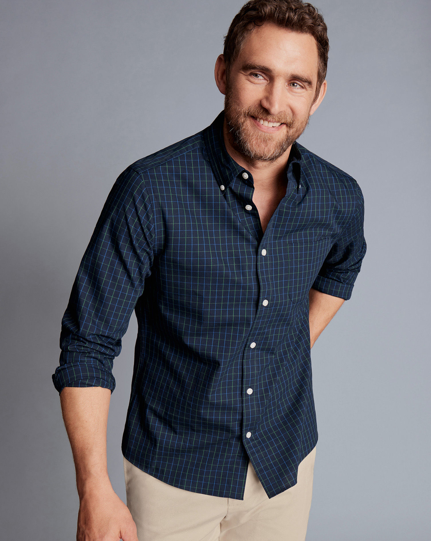 Men's Charles Tyrwhitt Button-Down Collar Non-Iron Stretch Poplin Check Casual Shirt - Dark Navy Blu