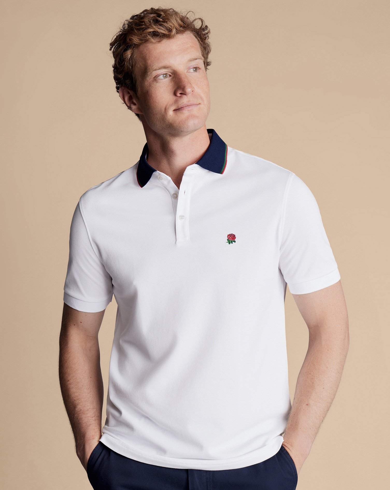 Men's Charles Tyrwhitt England Rugby Collar Detail Pique Polo Shirt - White Size XXL Cotton
