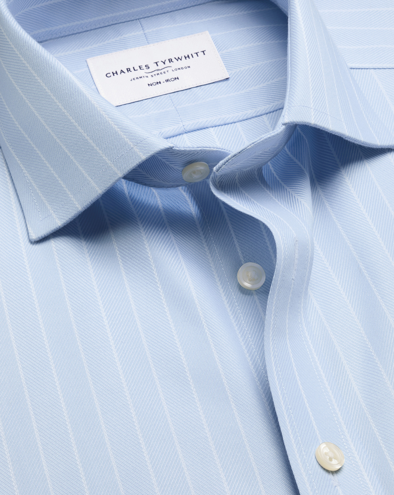 Men's Charles Tyrwhitt Non-Iron Herringbone Stripe Shirt â Light Blue Single Cuff Size 15.5/34 Cotton