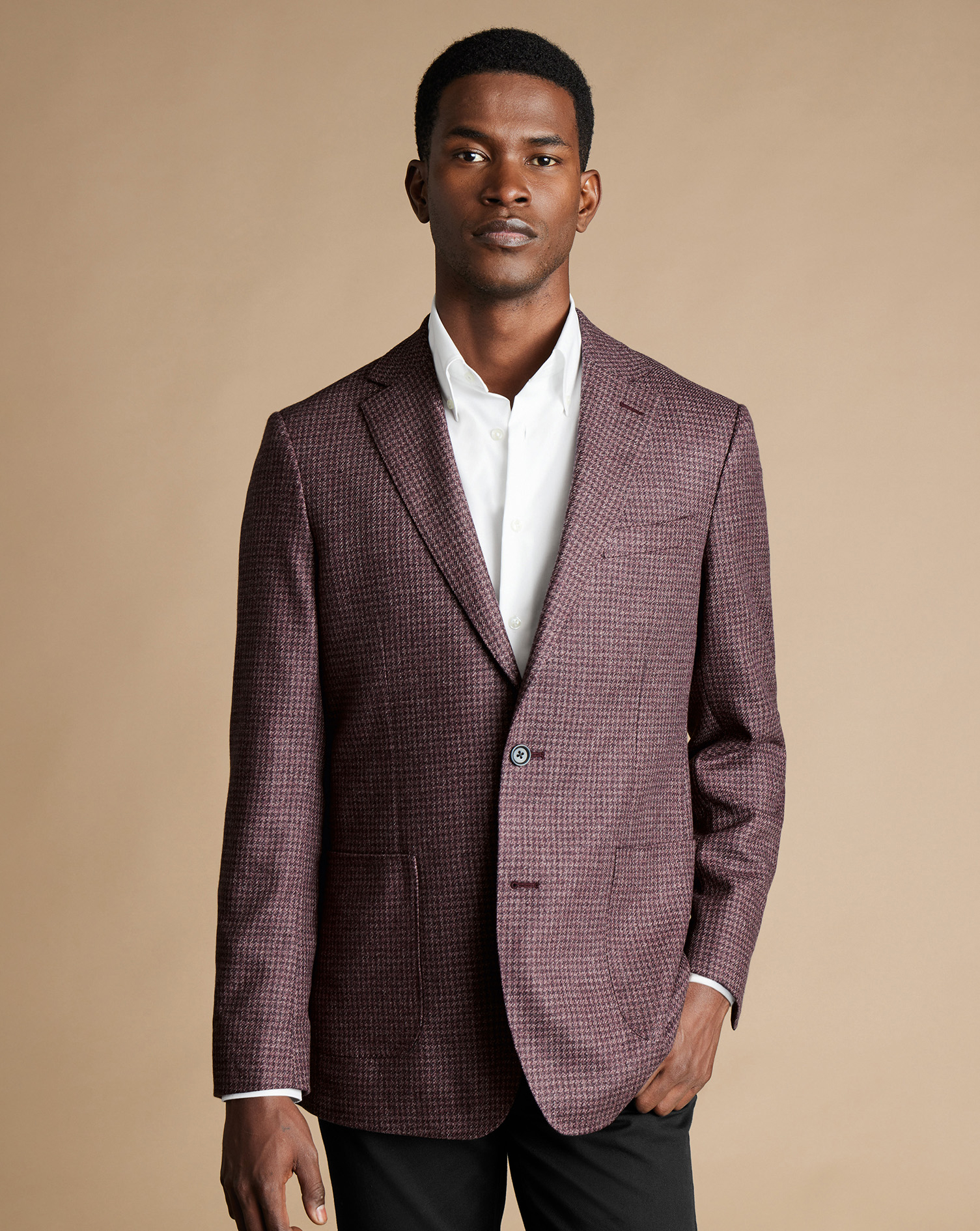Men's Charles Tyrwhitt Puppytooth Silk na Jacket - Dark Pink Size 36R Wool
