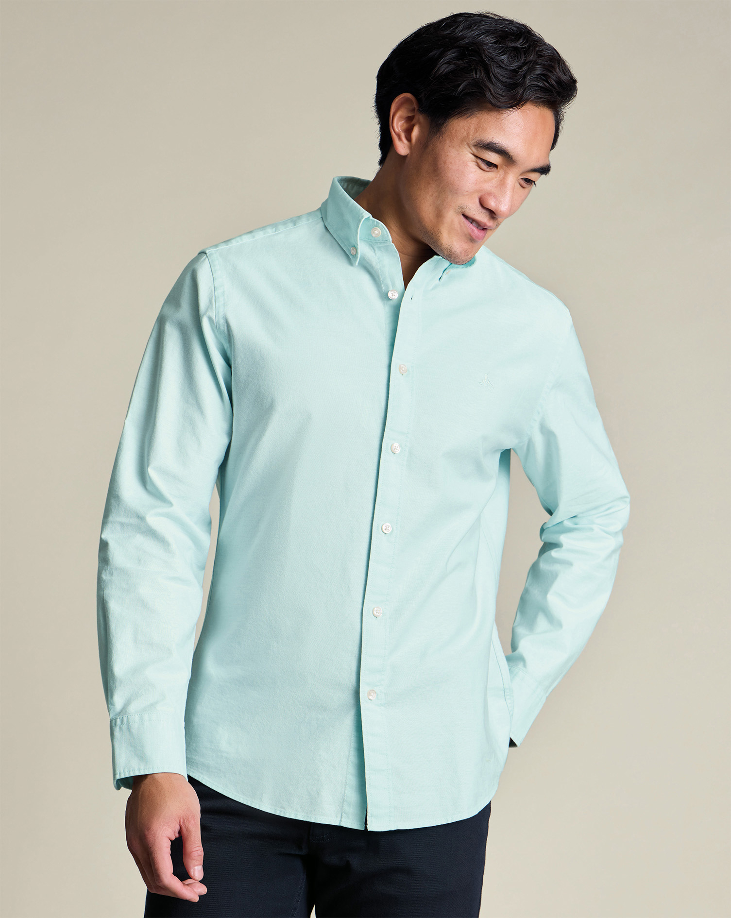 Men's Charles Tyrwhitt Button-Down Stretch Washed Oxford Shirt - Aqua Green Size Medium Cotton
