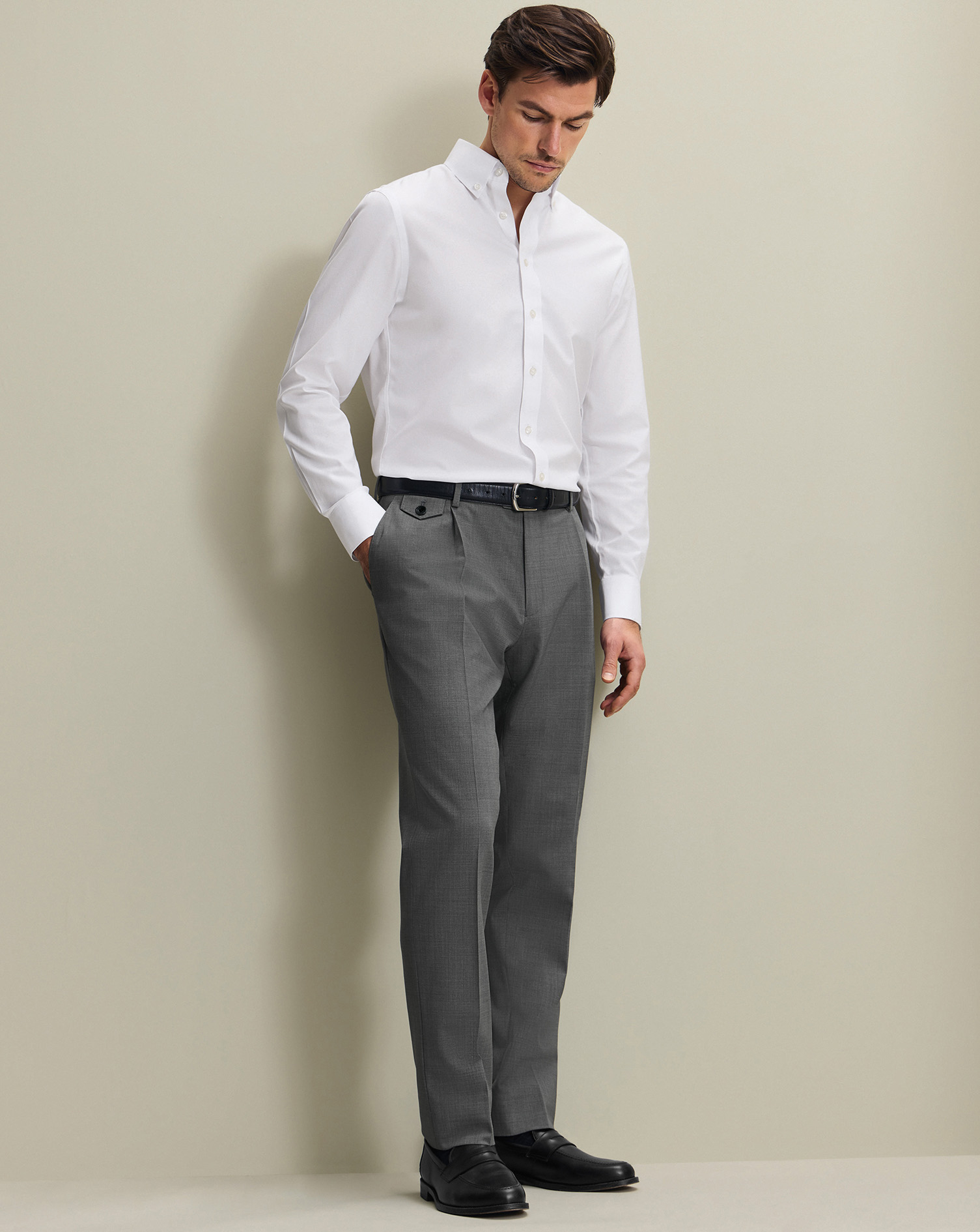 Pleat Front Wool Stretch Trousers - Grey, 38/30 by Charles Tyrwhitt