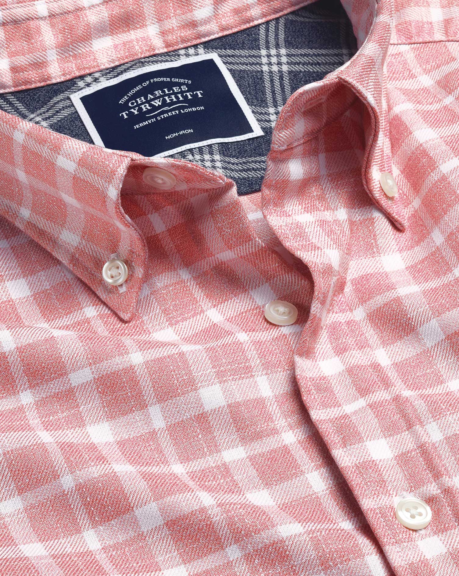 Men's Charles Tyrwhitt Button-Down Collar Non-Iron Twill Check Casual Shirt - Pink & White Single Cu