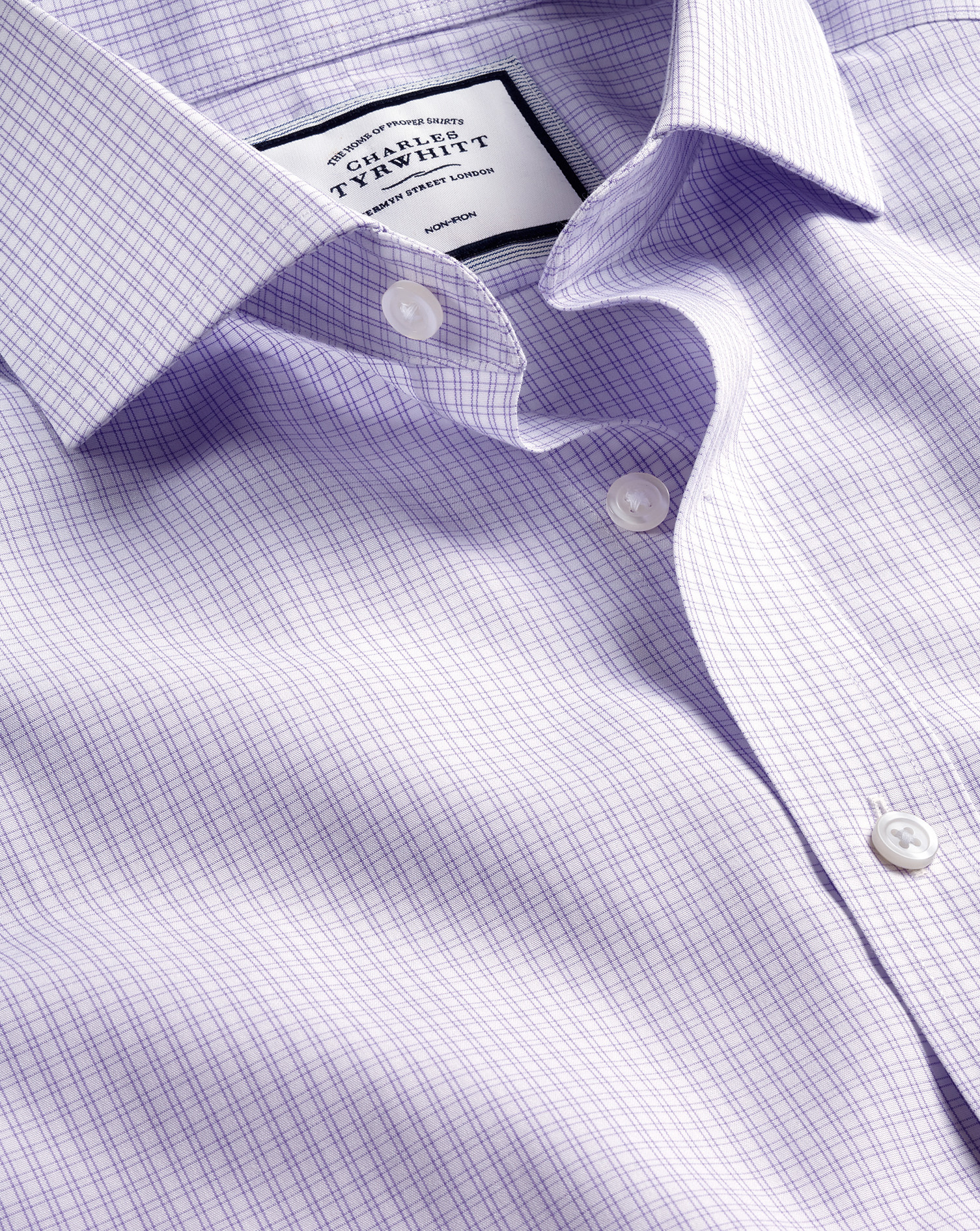Men's Charles Tyrwhitt Cutaway Collar Non-Iron Double Check Dress Shirt - Lilac Purple Single Cuff S