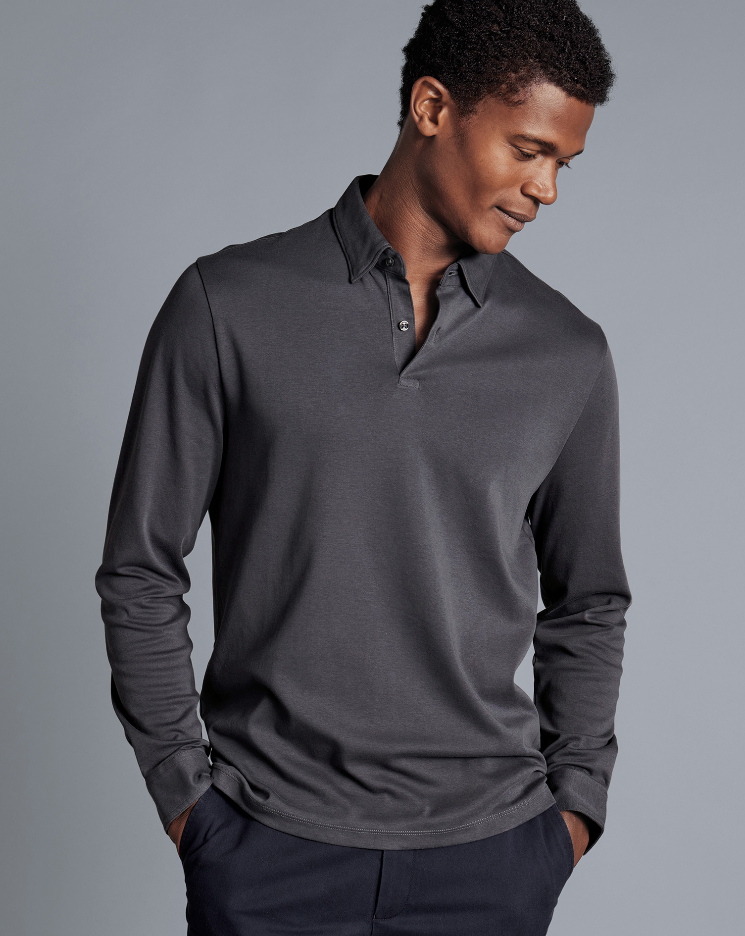 Men's Charles Tyrwhitt Combed Long Sleeve Polo Shirt - Dark Grey Size XS Cotton