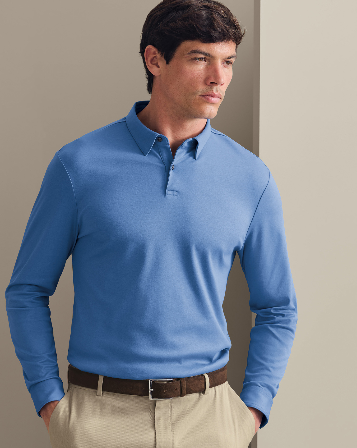 Long Sleeve Smart Cotton Polo - Cornflower Blue | Charles Tyrwhitt US