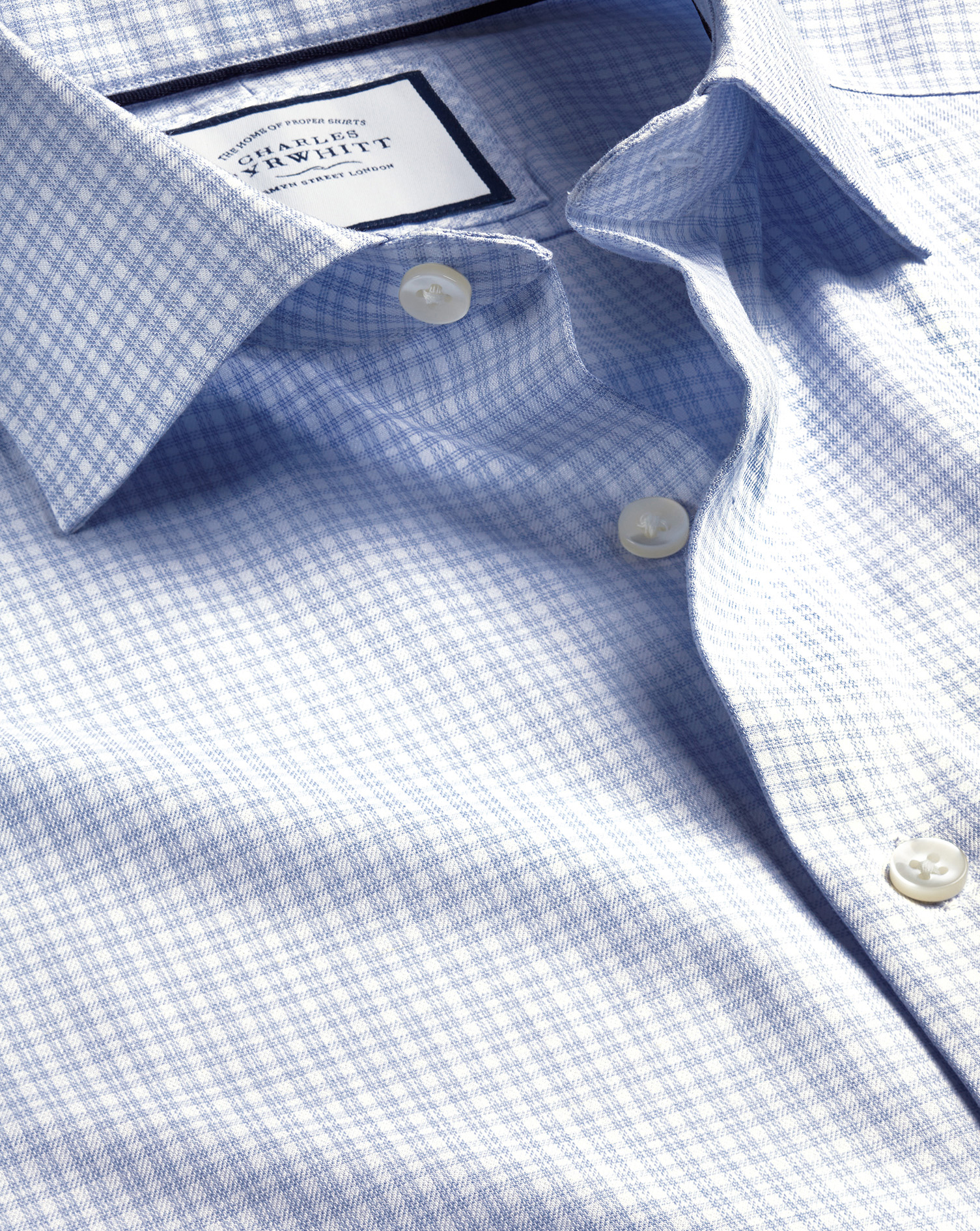 Men's Charles Tyrwhitt Semi-Cutaway Collar Non-Iron Linen Check Dress Shirt - Sky Blue Single Cuff S
