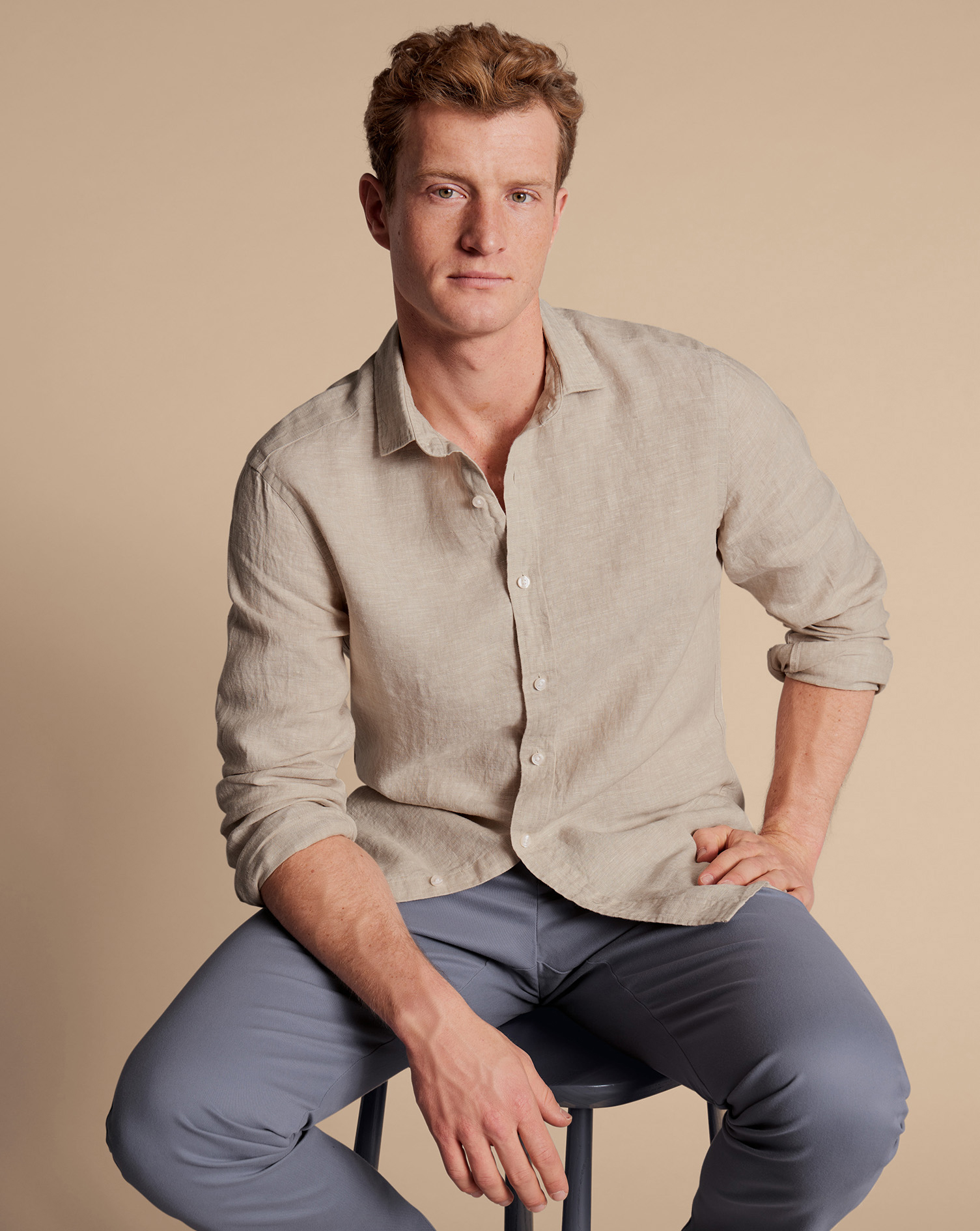 Men's Charles Tyrwhitt Pure Casual Shirt - Oatmeal Single Cuff Neutral Size XL Linen
